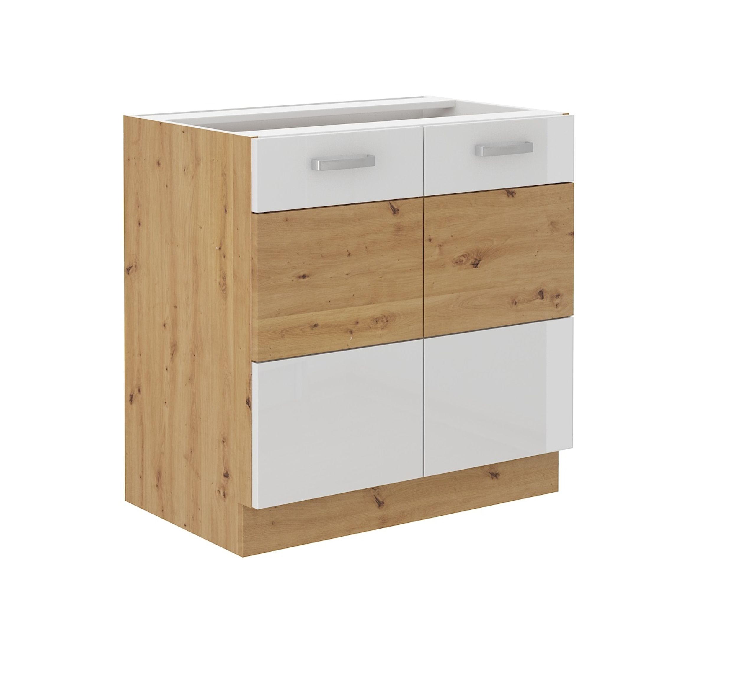 Unterschrank 80 cm Eiche Artisan + Wei&szlig; Hochglanz K&uuml;chenzeile K&uuml;chenblock K&uuml;che 