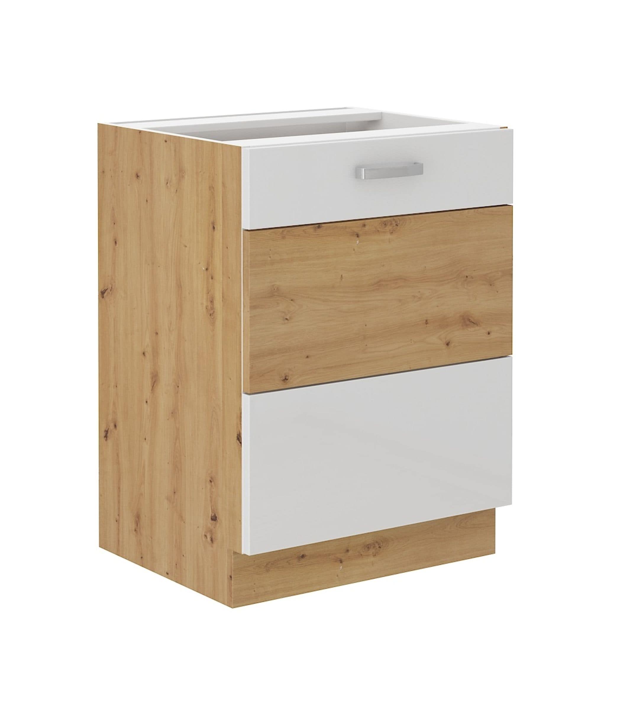 Unterschrank 60 cm Eiche Artisan + Wei&szlig; Hochglanz K&uuml;chenzeile K&uuml;chenblock K&uuml;che 