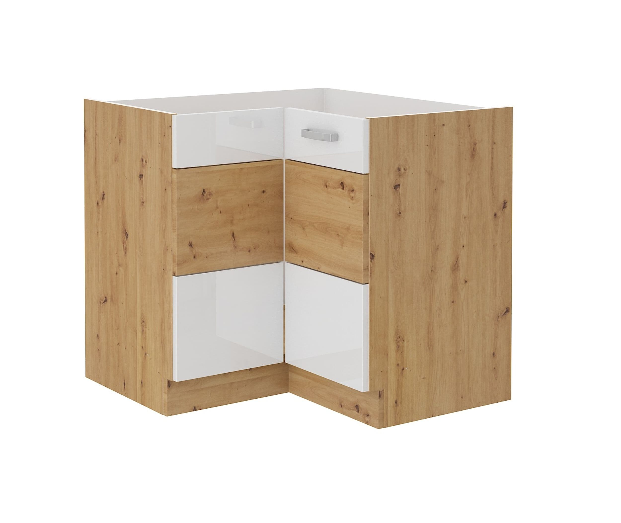 Eckunterschrank 90x90 cm Eiche Artisan + Weiss Hochglanz K&uuml;chenzeile K&uuml;chenblock 