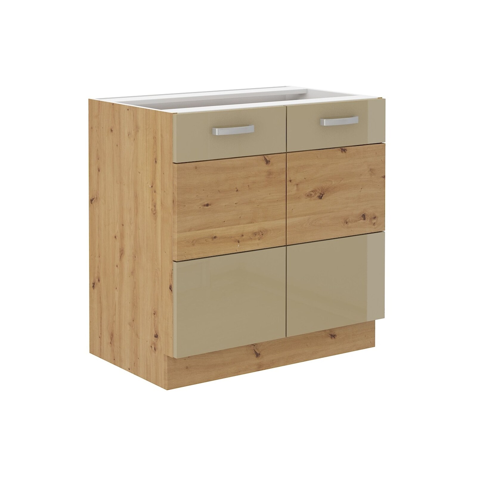 Unterschrank 80 cm Eiche Artisan + Cappuccino Hochglanz Küchenzeile Küchenblock