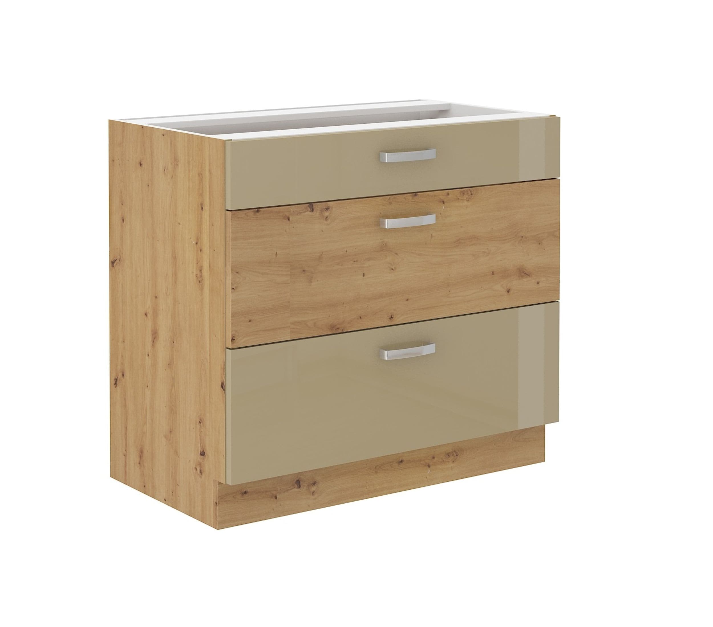 K&uuml;chen Unterschrank 80 Eiche Artisan Cappuccino Hochglanz Vollauszug Soft-Close 