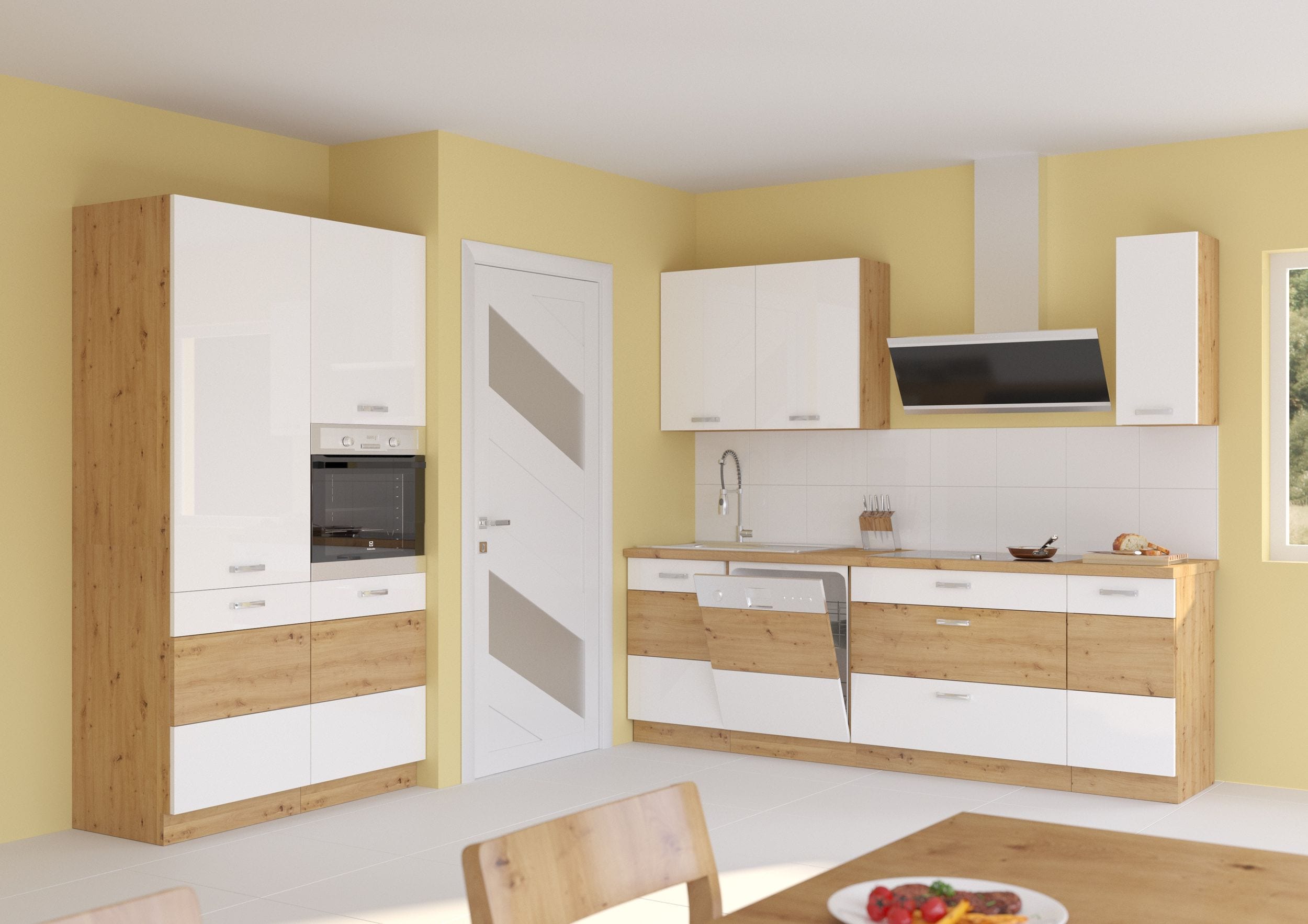 K&uuml;che Eiche Artisan Wei&szlig; 230 + 120 K&uuml;chenzeile Hochglanz K&uuml;chenblock Einbauk&uuml;che 