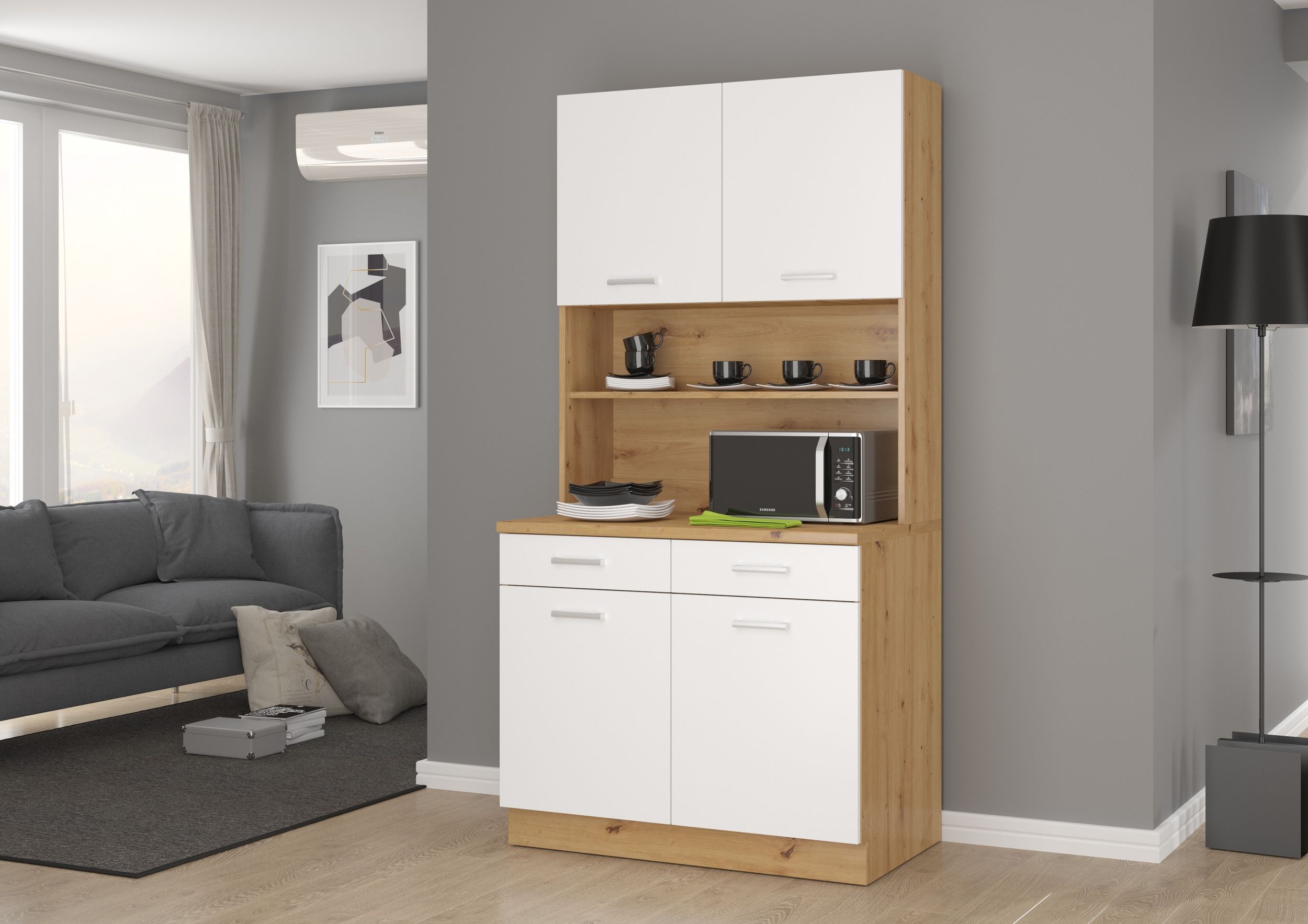 Buffet K&uuml;che Mario 100cm K&uuml;chenzeile K&uuml;chenblock Einbauk&uuml;che Weiss Eiche Artisan 