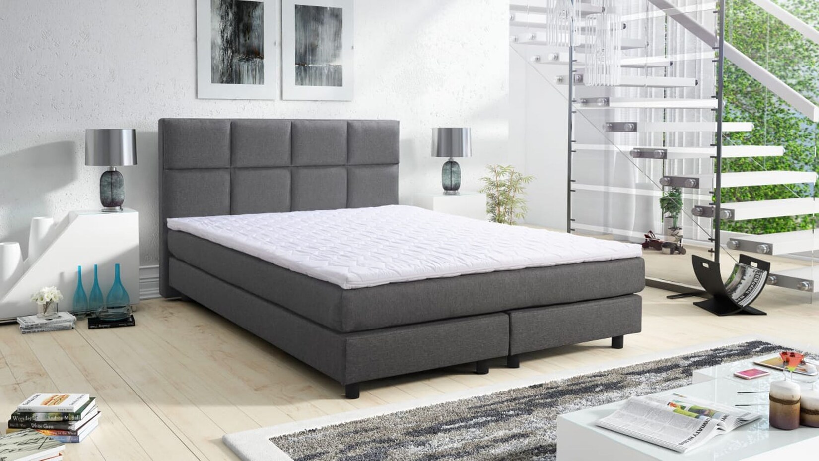 Boxspringbett Boxbett Glenn 2 Tablet Hotelbett 140x200 Bett Topper Grau