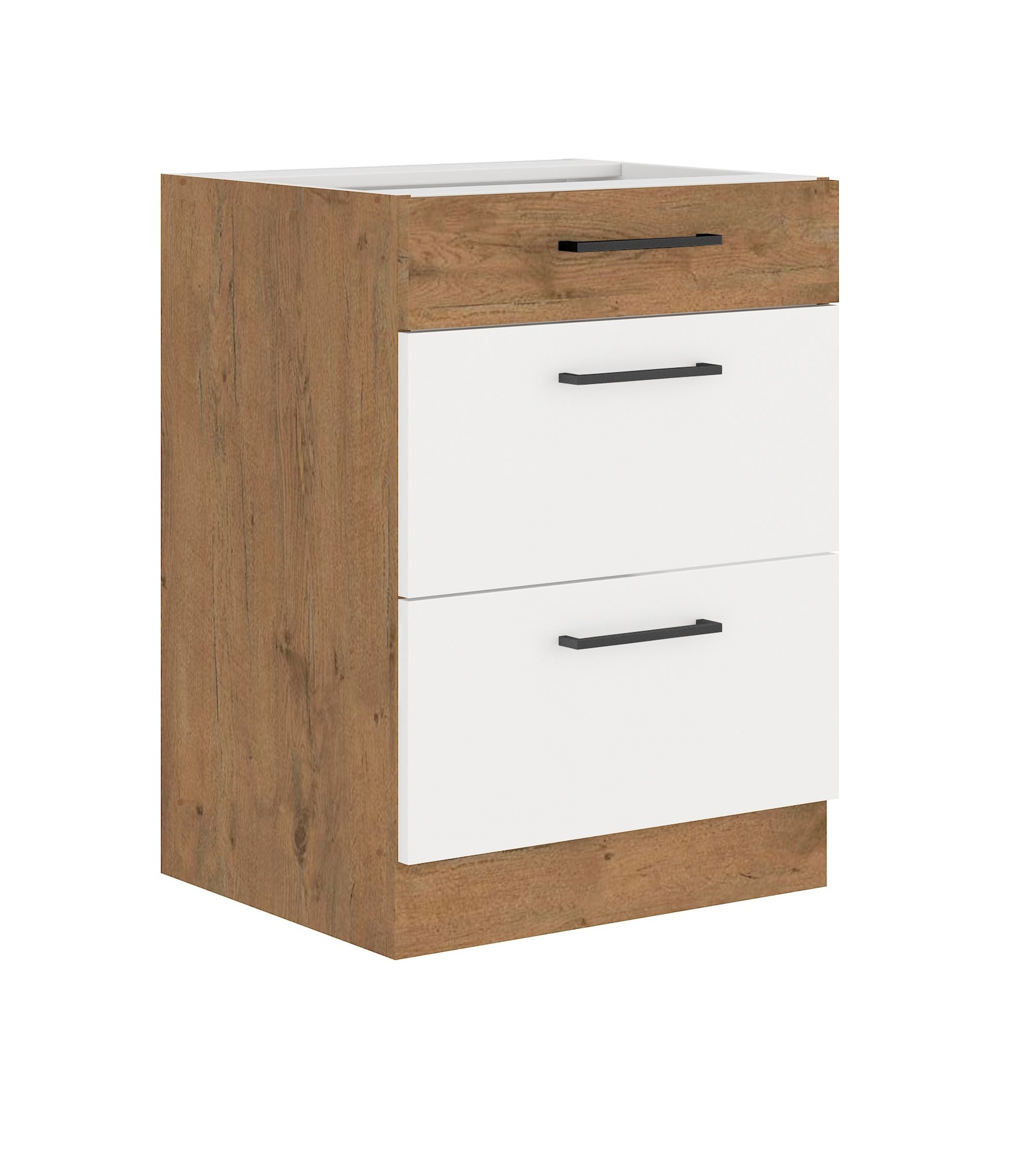 Vigo Unterschrank 60 Eiche Lancelot Wei&szlig; Hochglanz Vollauszug Soft-Close K&uuml;che 