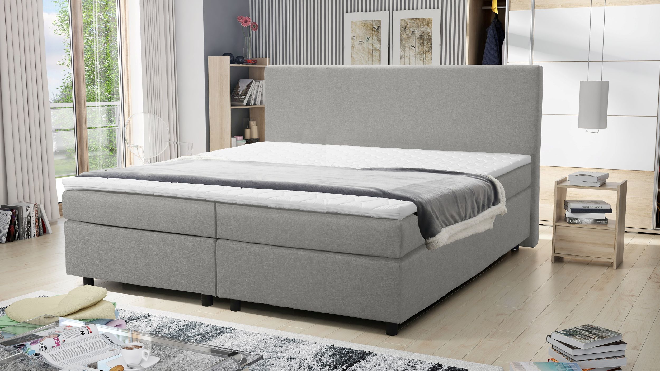 Boxspringbett 180x200 Hotelbett Bonellfederkern Bett mit Topper Paxos 4 hellgrau 
