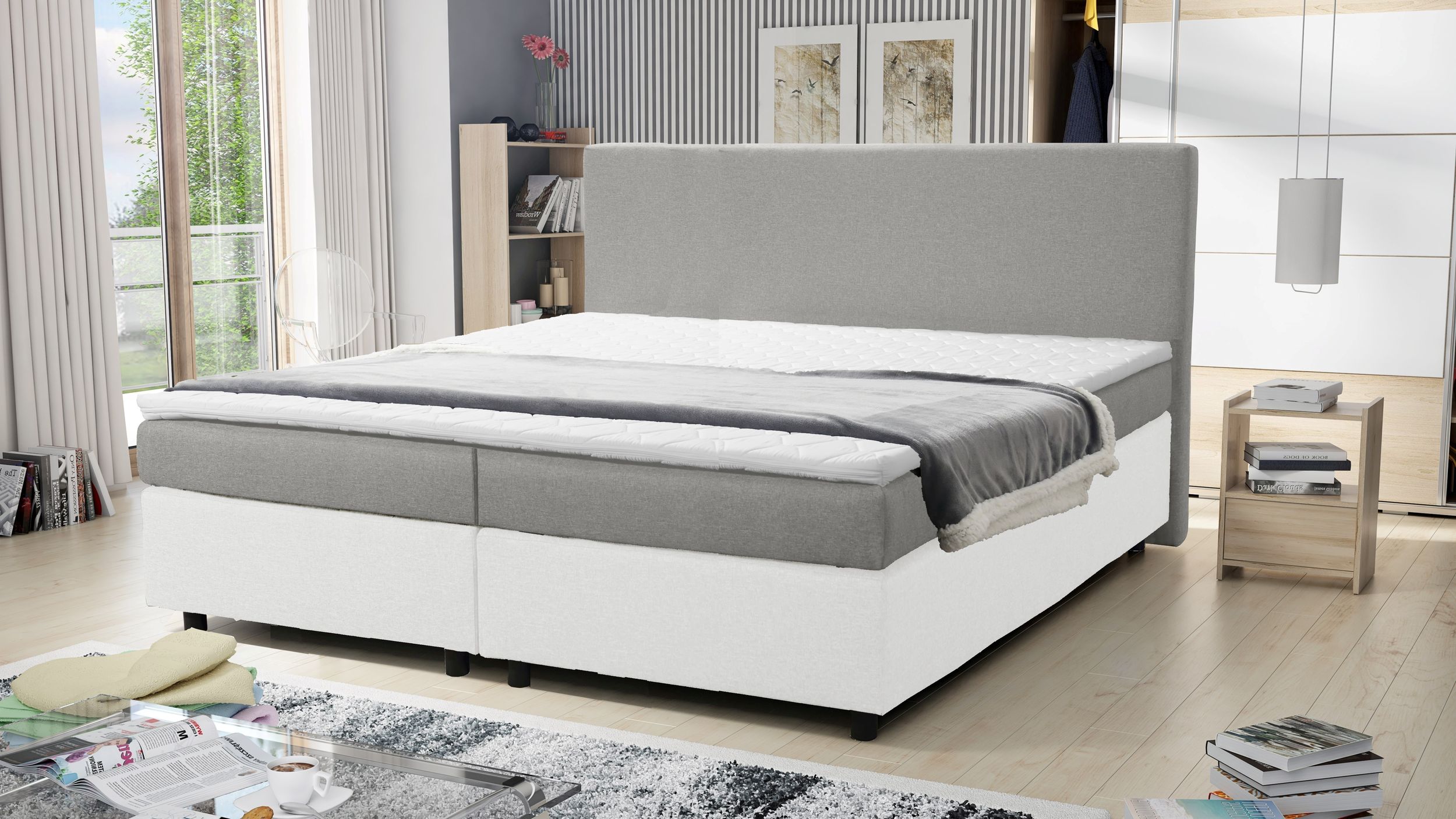 Boxspringbett 180x200 Hotelbett Bonellfederkern Bett Topper Paxos 6 Grau Wei&szlig; 