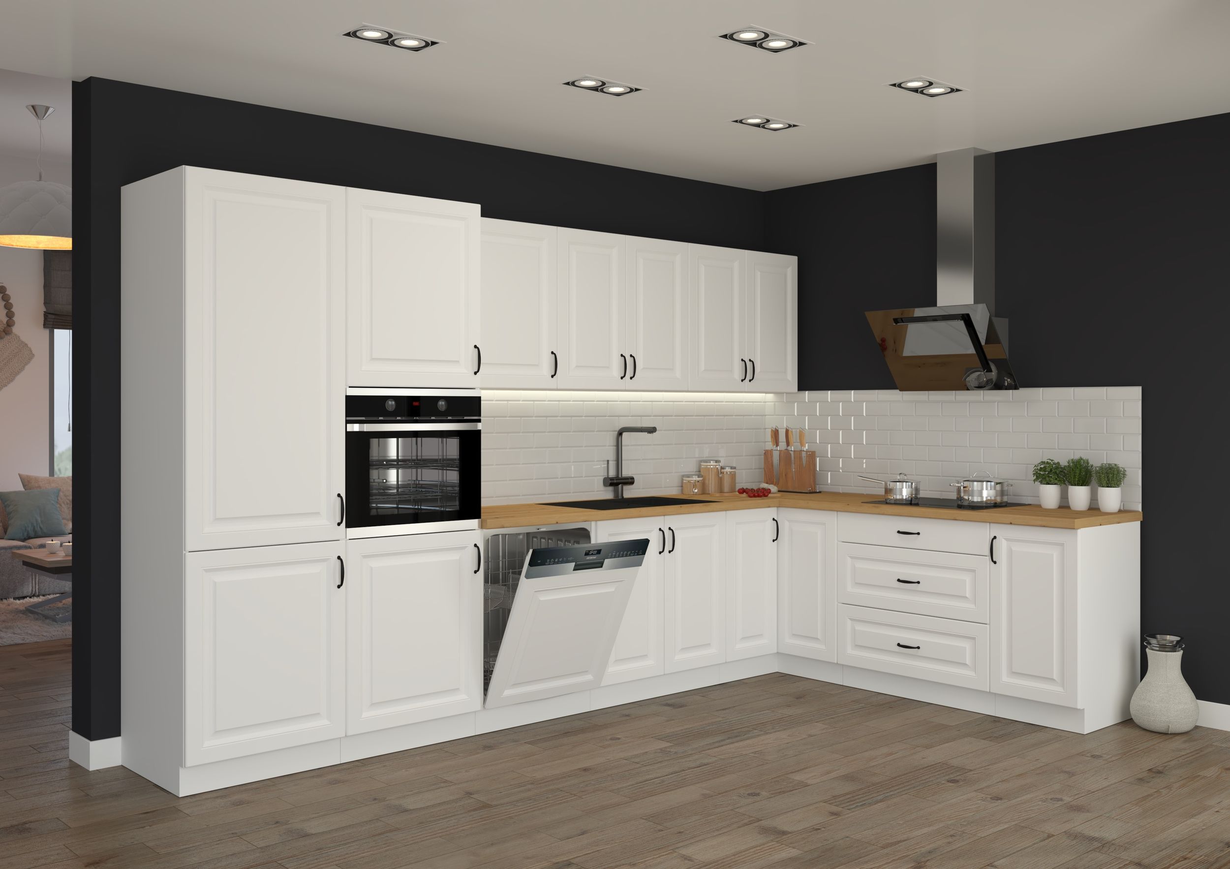 Landhaus K&uuml;che Stilo Wei&szlig; 350x210cm K&uuml;chenzeile Einbauk&uuml;che Eckk&uuml;che Winkelk&uuml;che 