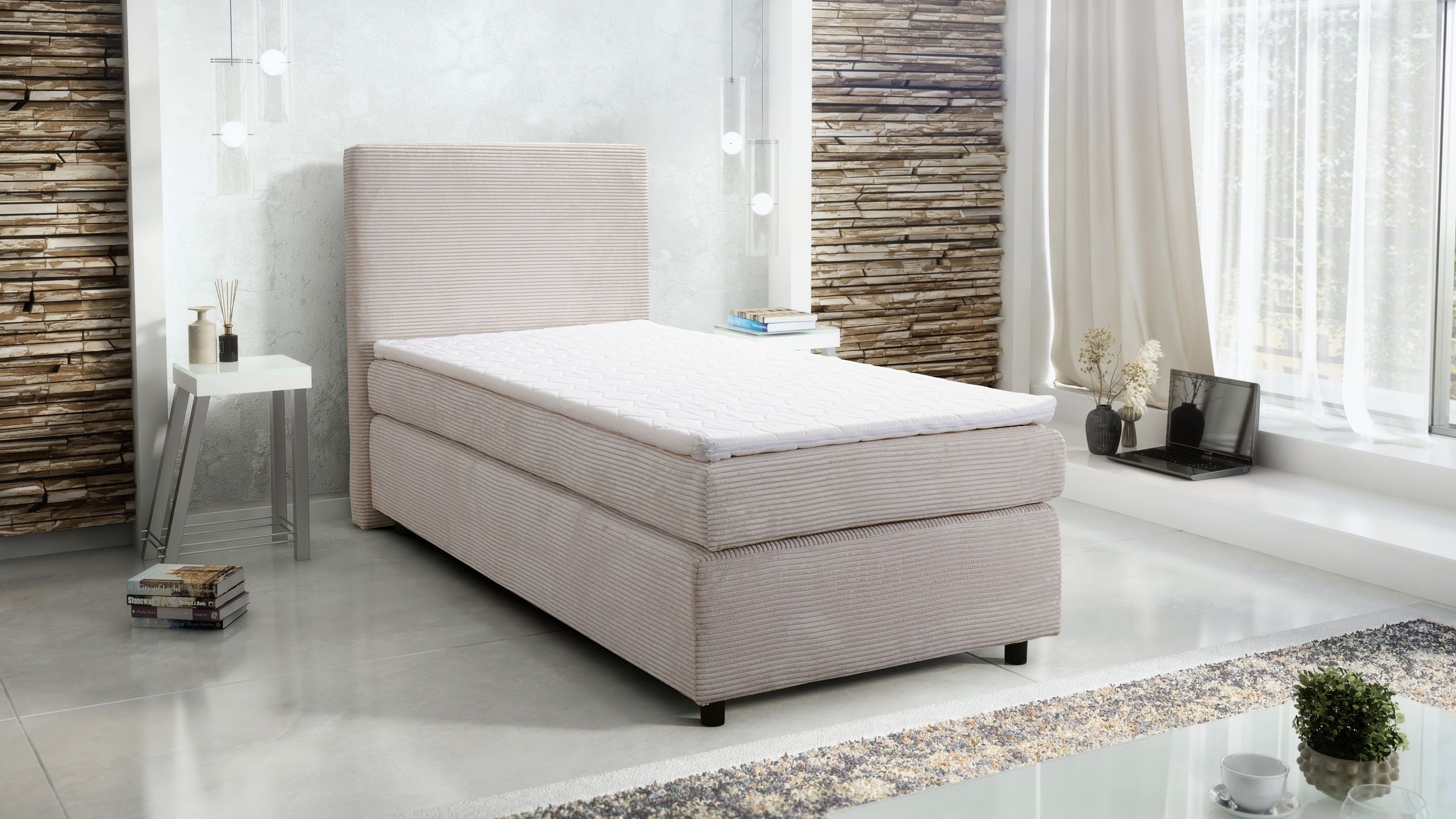 Boxspringbett Hotelbett 90x200 Bonellfederkern Bett Topper Paxos Cordstoff beige 