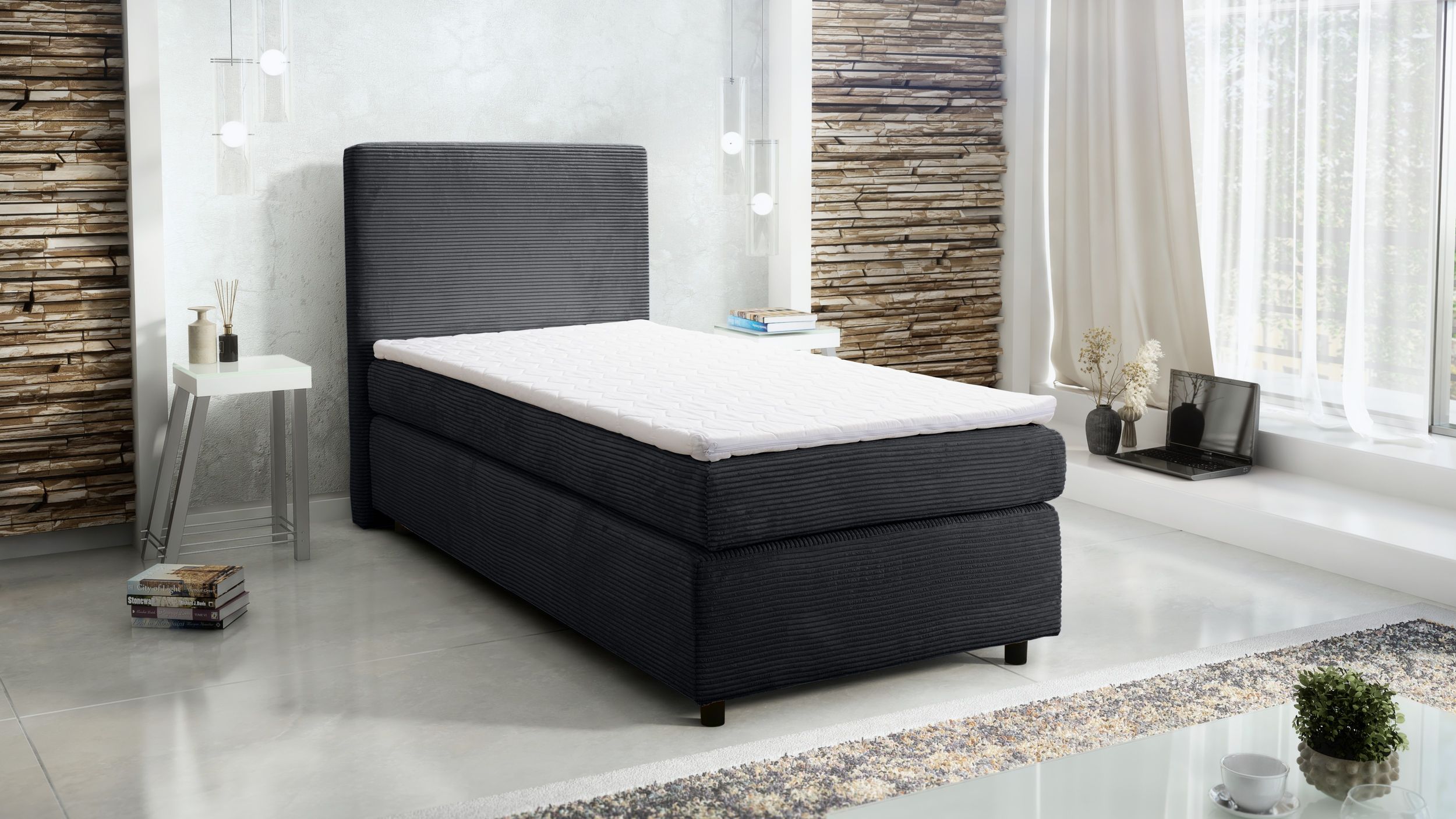 Boxspringbett Hotelbett 90x200 Bonellfederkern Bett Topper Paxos Cordstoff Grau 