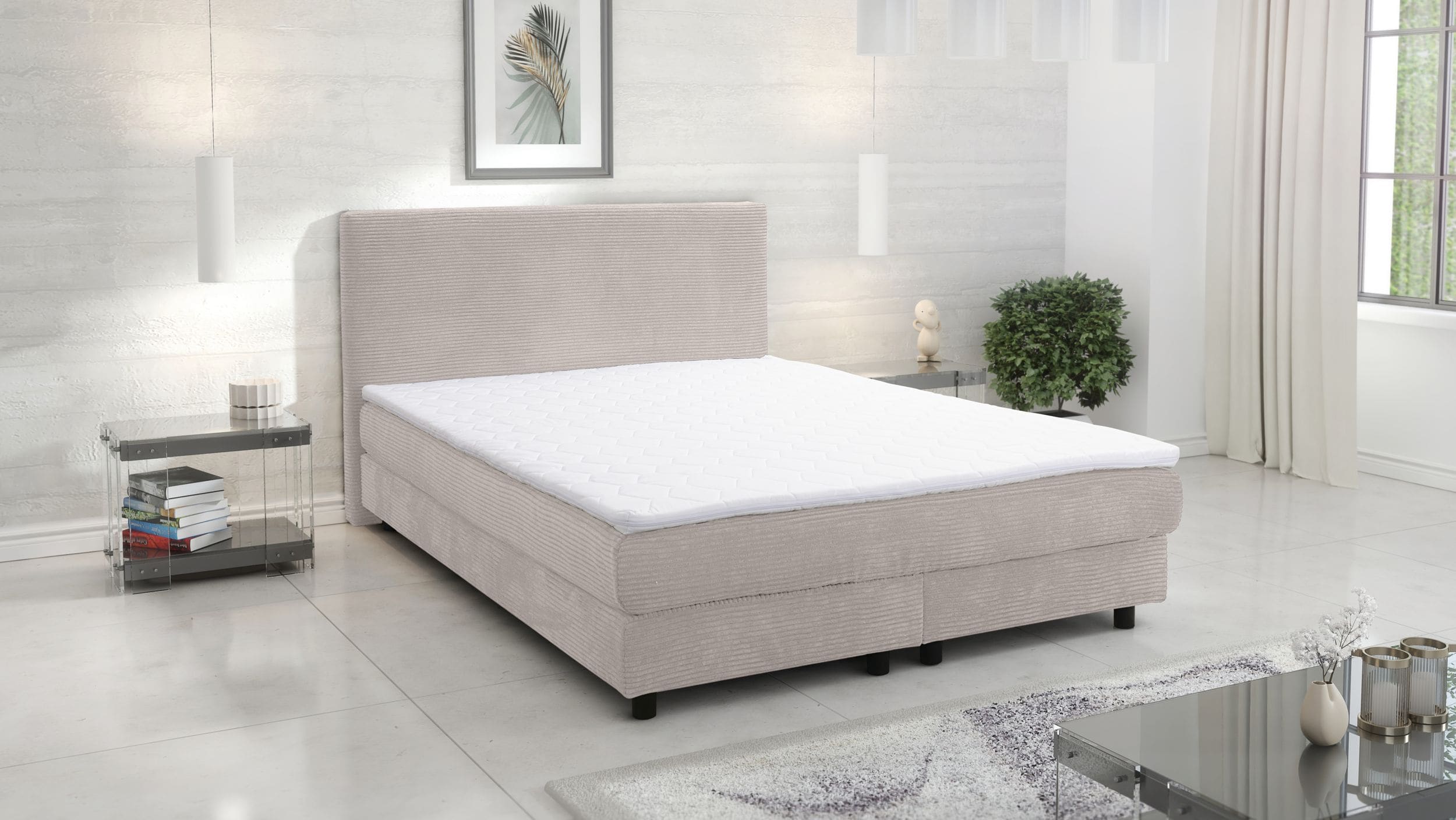 Boxspringbett Boxbett Glenn 1 Hotelbett 140x200 Bett Topper Cordstoff Beige 