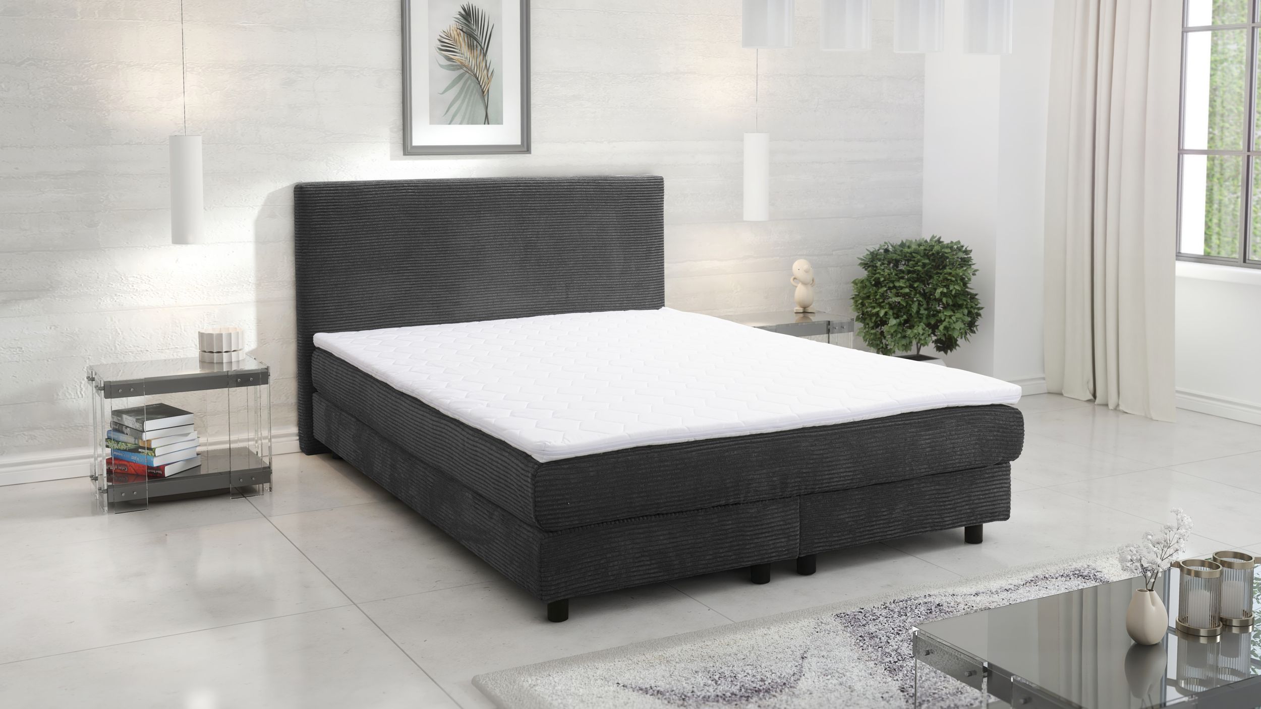 Boxspringbett Boxbett Glenn 2 Hotelbett 140x200 Bett Topper Cordstoff Graphite 