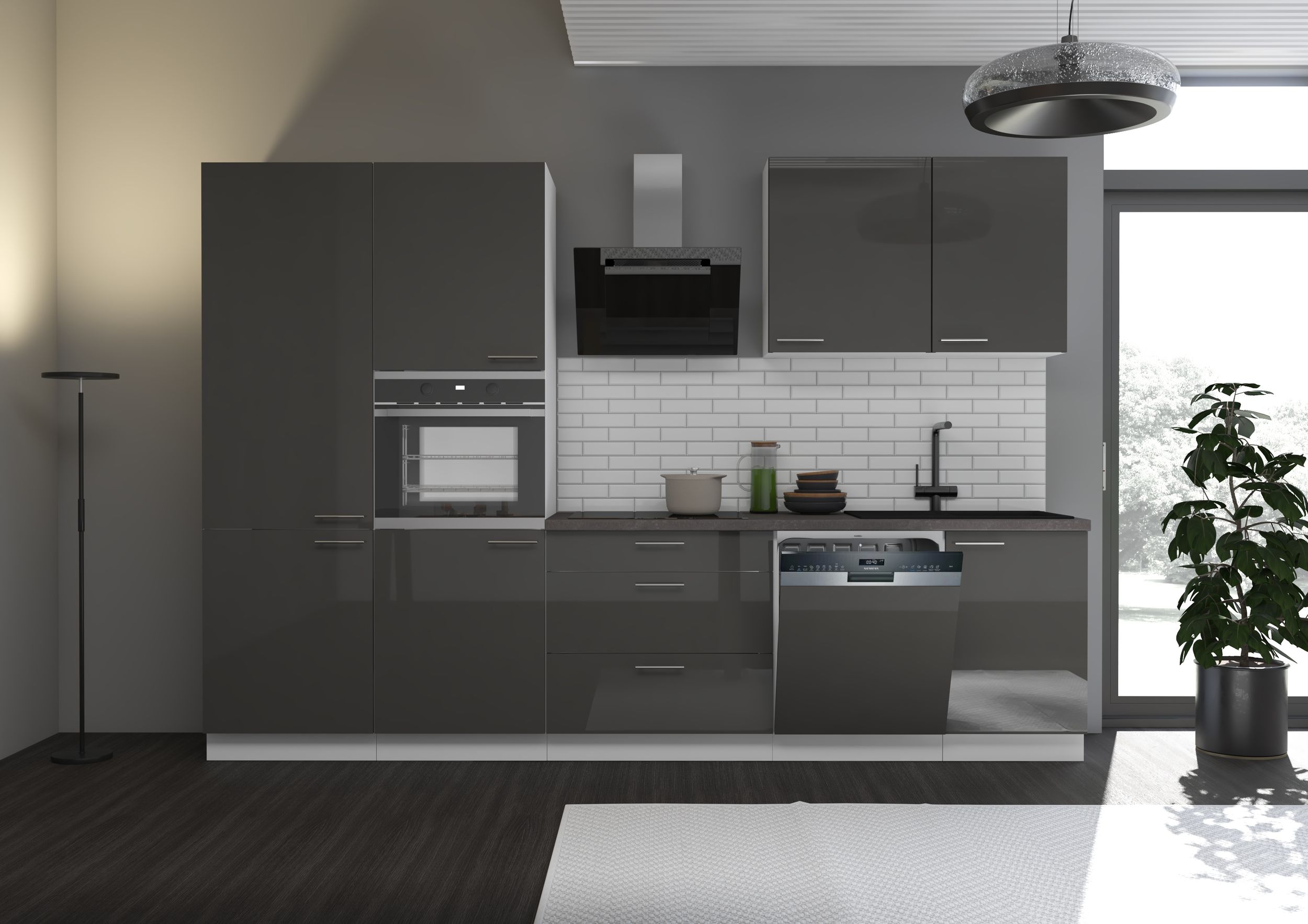 K&uuml;che Lara Grau/Wei&szlig; 310 cm K&uuml;chenzeile Einbauk&uuml;che Singlek&uuml;che 