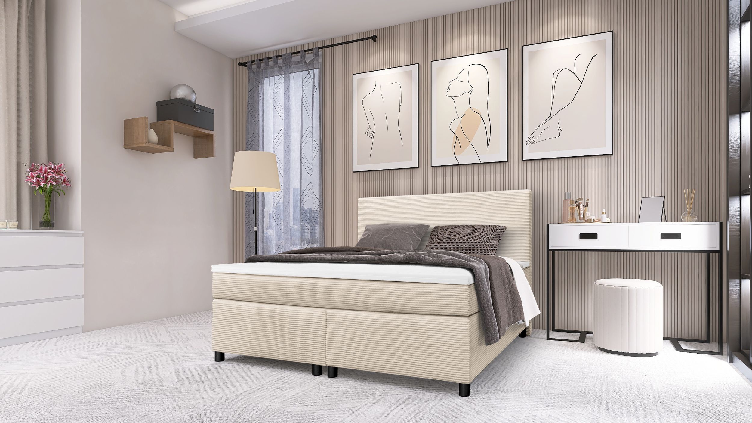 Boxspringbett Paxos Cordstoff Beige 140x200 Hotelbett Bonellfederkern Bett 