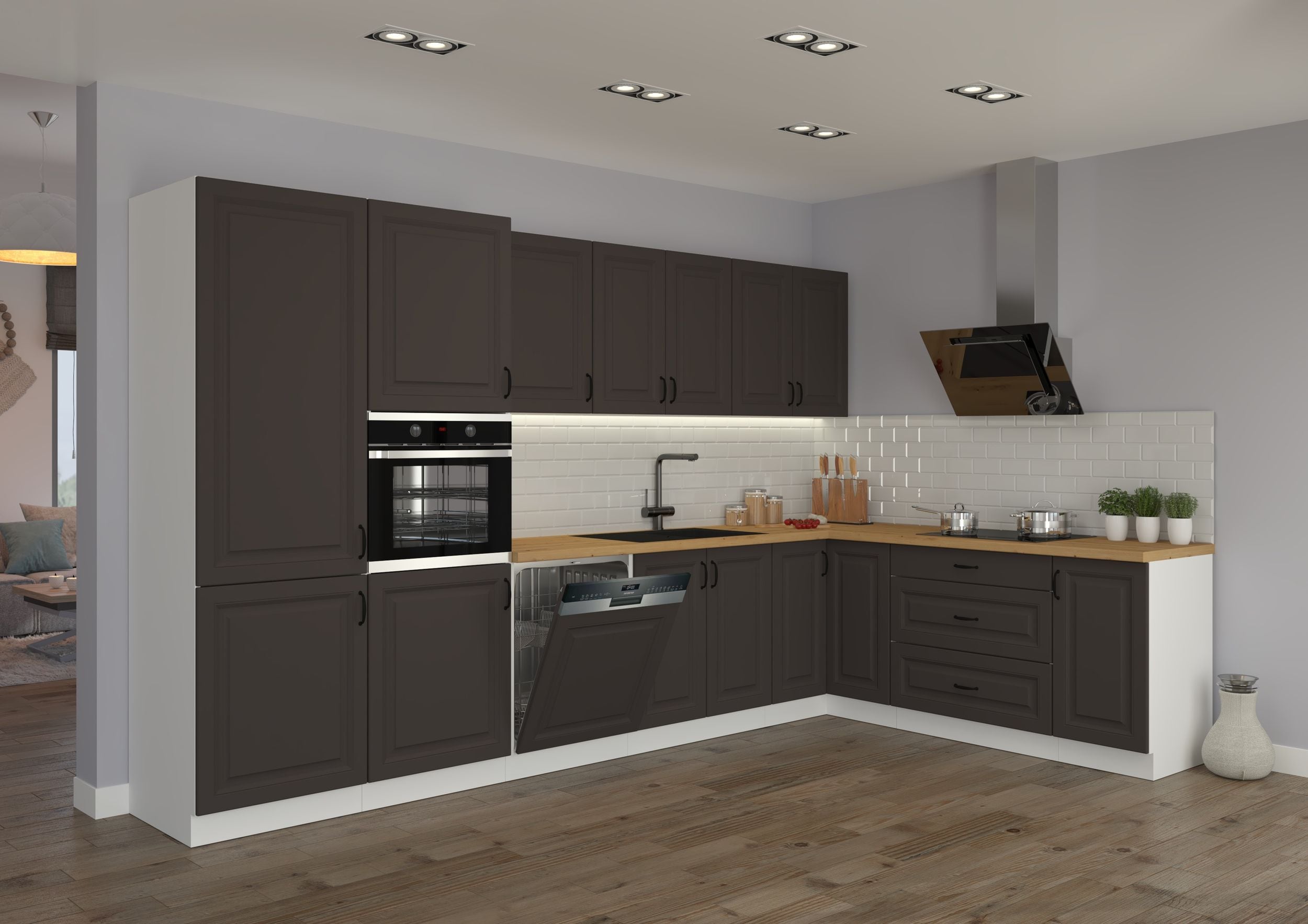 Landhaus K&uuml;che Stilo Grau 350x210cm K&uuml;chenzeile Einbauk&uuml;che Eckk&uuml;che Winkelk&uuml;che 