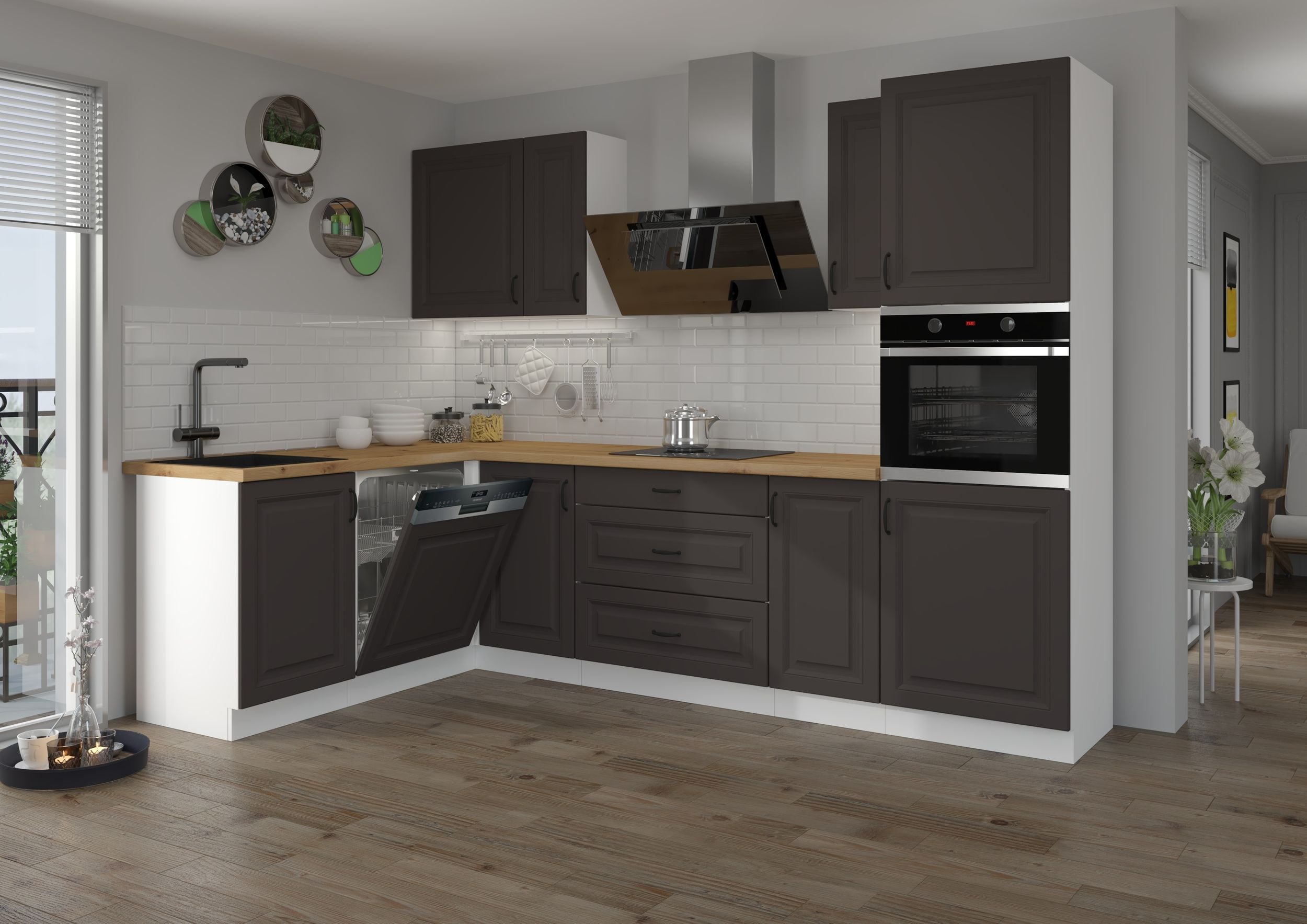 Landhaus K&uuml;che Stilo Grau 170x285cm K&uuml;chenzeile Einbauk&uuml;che Eckk&uuml;che Winkelk&uuml;che 