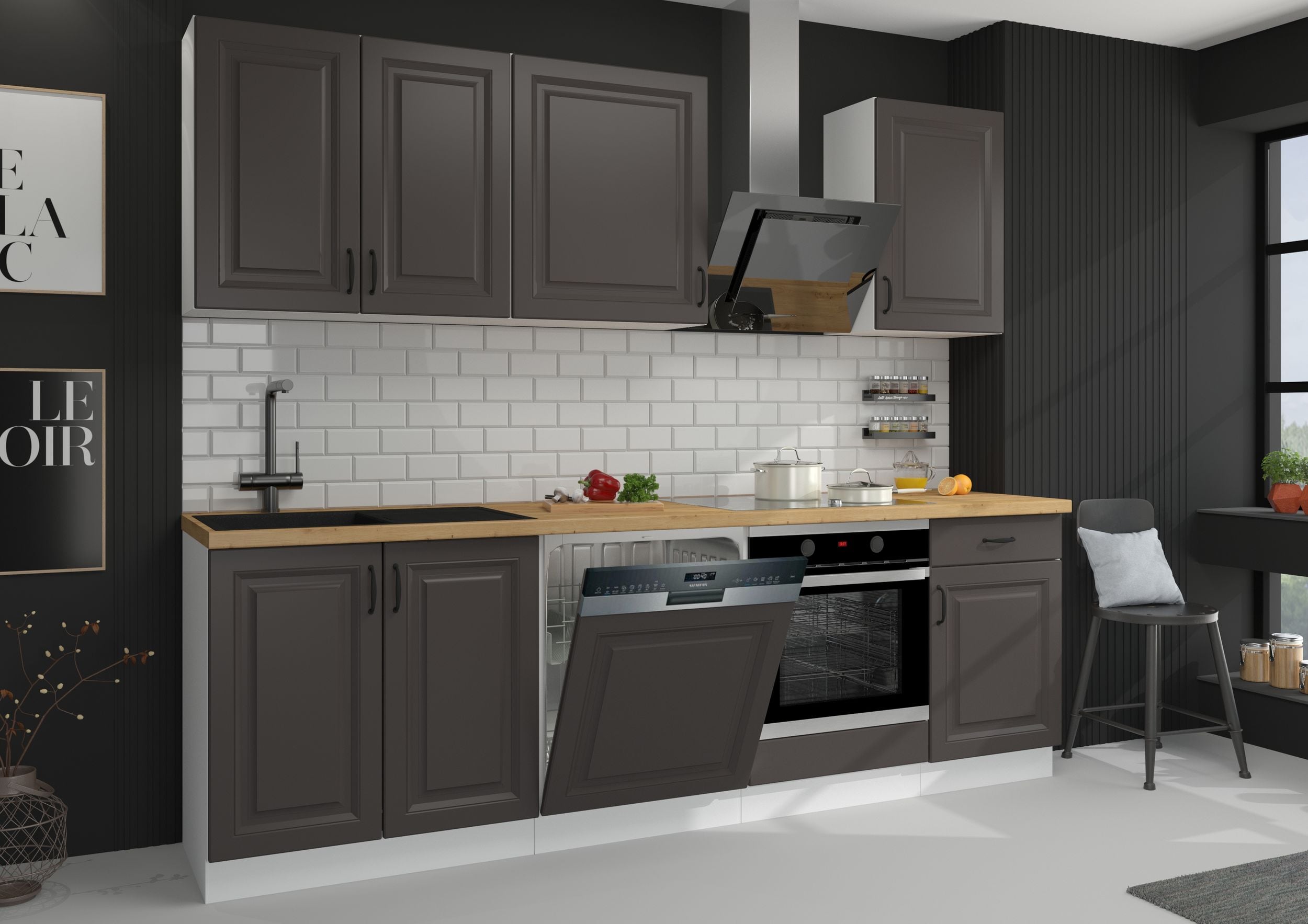 Landhaus K&uuml;che Stilo Grau 250 cm K&uuml;chenzeile K&uuml;chenblock Einbauk&uuml;che erweiterbar 