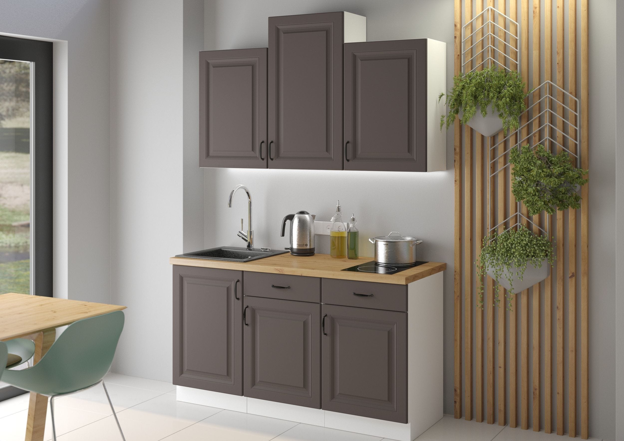 Landhaus K&uuml;che Stilo Grau 150 cm K&uuml;chenzeile K&uuml;chenblock Einbauk&uuml;che Singlek&uuml;che 