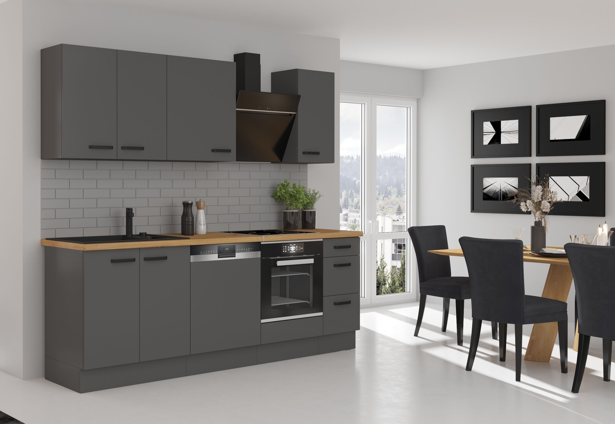 K&uuml;che NESSA Basic 240 cm Anthrazit Grau K&uuml;chenzeile K&uuml;chenblock Einbauk&uuml;che 