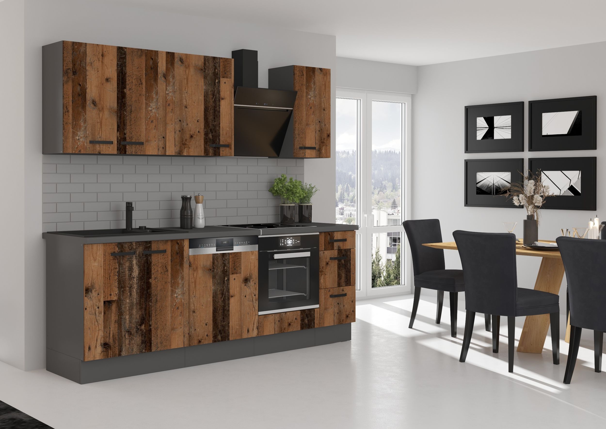 K&uuml;che OLD STYLE Basic 240 cm Old Wood Optik K&uuml;chenzeile K&uuml;chenblock Einbauk&uuml;che 