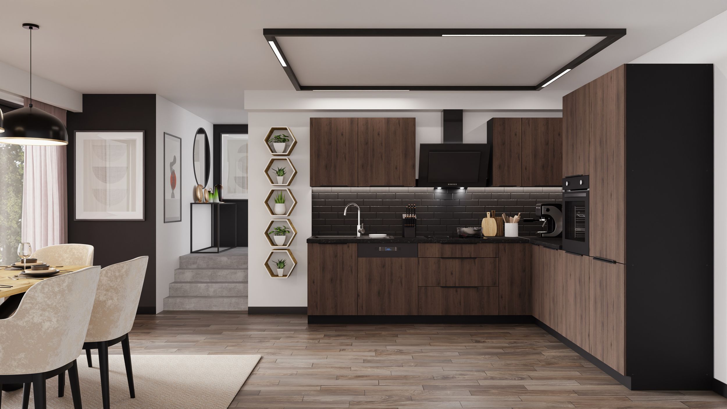 Winkelk&uuml;che MONZA 280x270 cm K&uuml;chenzeile Eckk&uuml;che K&uuml;che Nu&szlig;baum Okapi Schwarz 