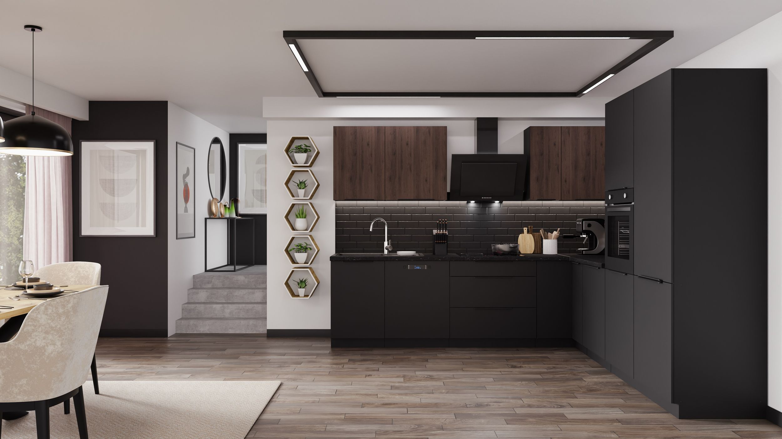 Winkelk&uuml;che SIENA + MONZA 280x270 cm K&uuml;chenzeile Eckk&uuml;che K&uuml;che Nu&szlig;baum Schwarz 