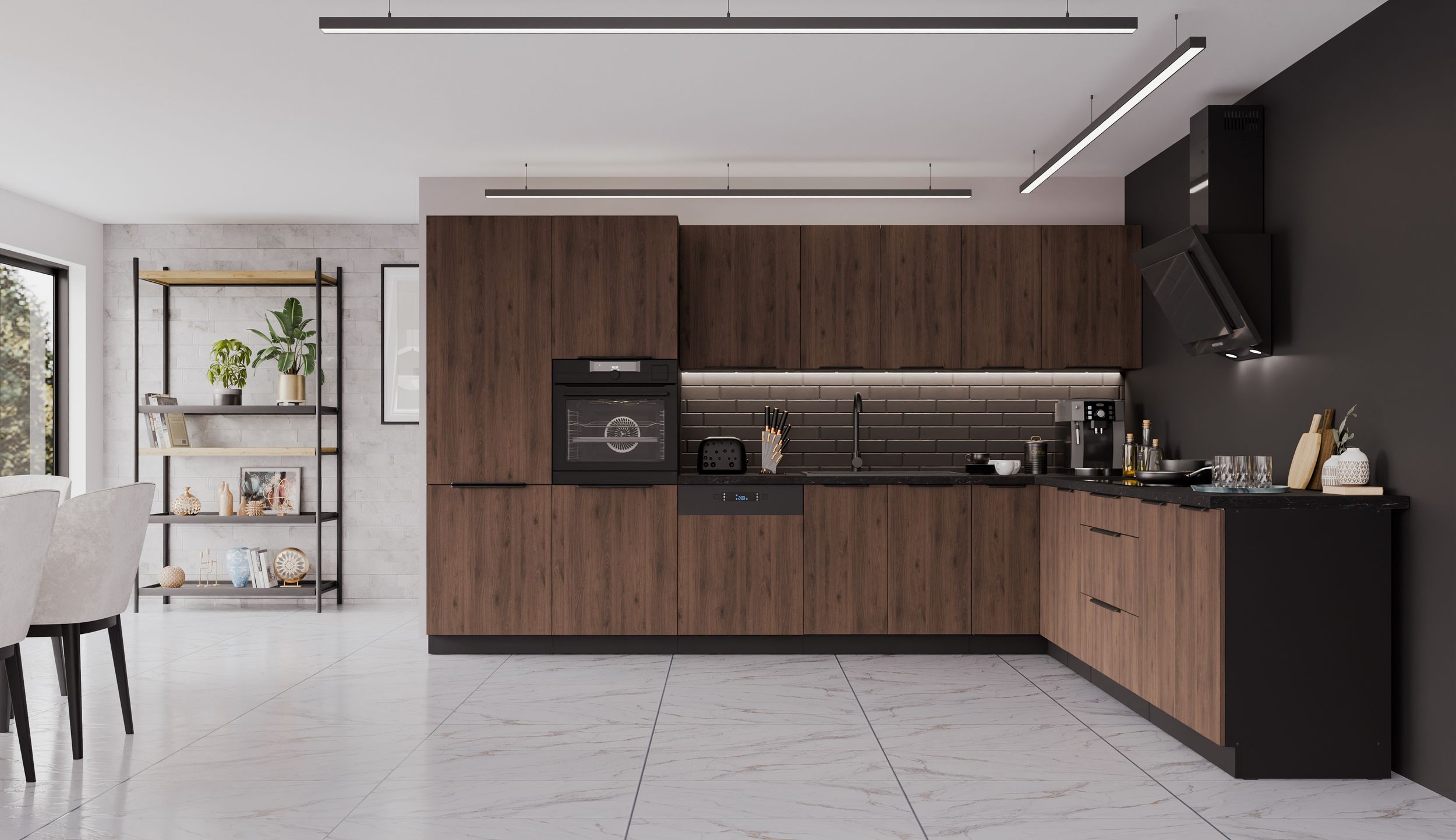 Winkelk&uuml;che MONZA 350x290 cm K&uuml;chenzeile Eckk&uuml;che K&uuml;che Nu&szlig;baum Okapi Schwarz 