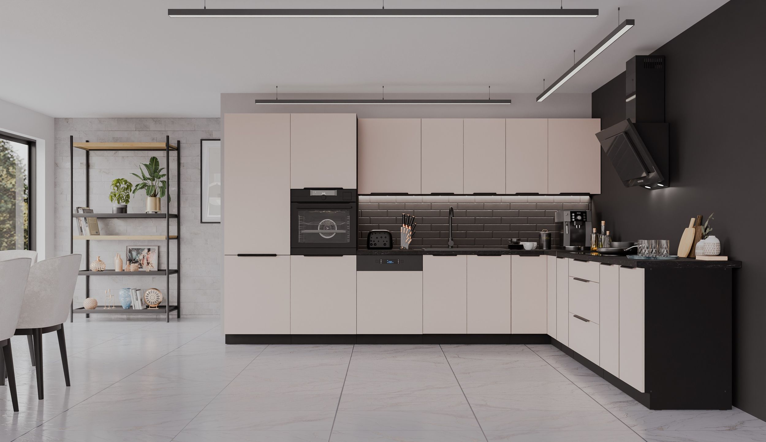 Winkelk&uuml;che ARONA 350x290 cm K&uuml;chenzeile Eckk&uuml;che K&uuml;che Kaschmir beige + Schwarz 