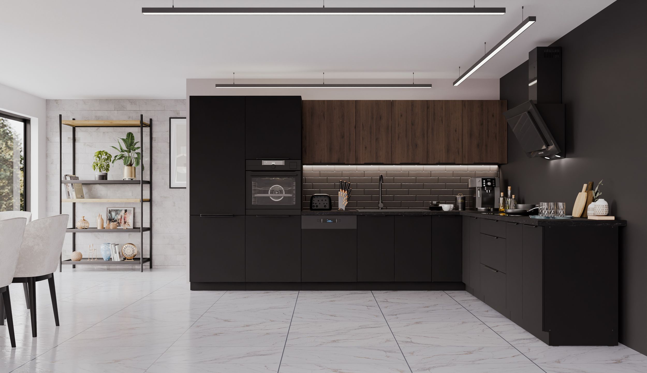 Winkelk&uuml;che SIENA + MONZA 350x290 cm K&uuml;chenzeile Eckk&uuml;che K&uuml;che Nu&szlig;baum Schwarz 