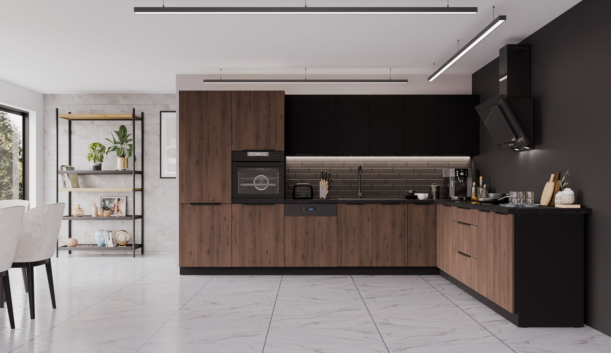 Winkelk&uuml;che MONZA + SIENA 350x290 cm K&uuml;chenzeile Eckk&uuml;che K&uuml;che Nu&szlig;baum Schwarz 