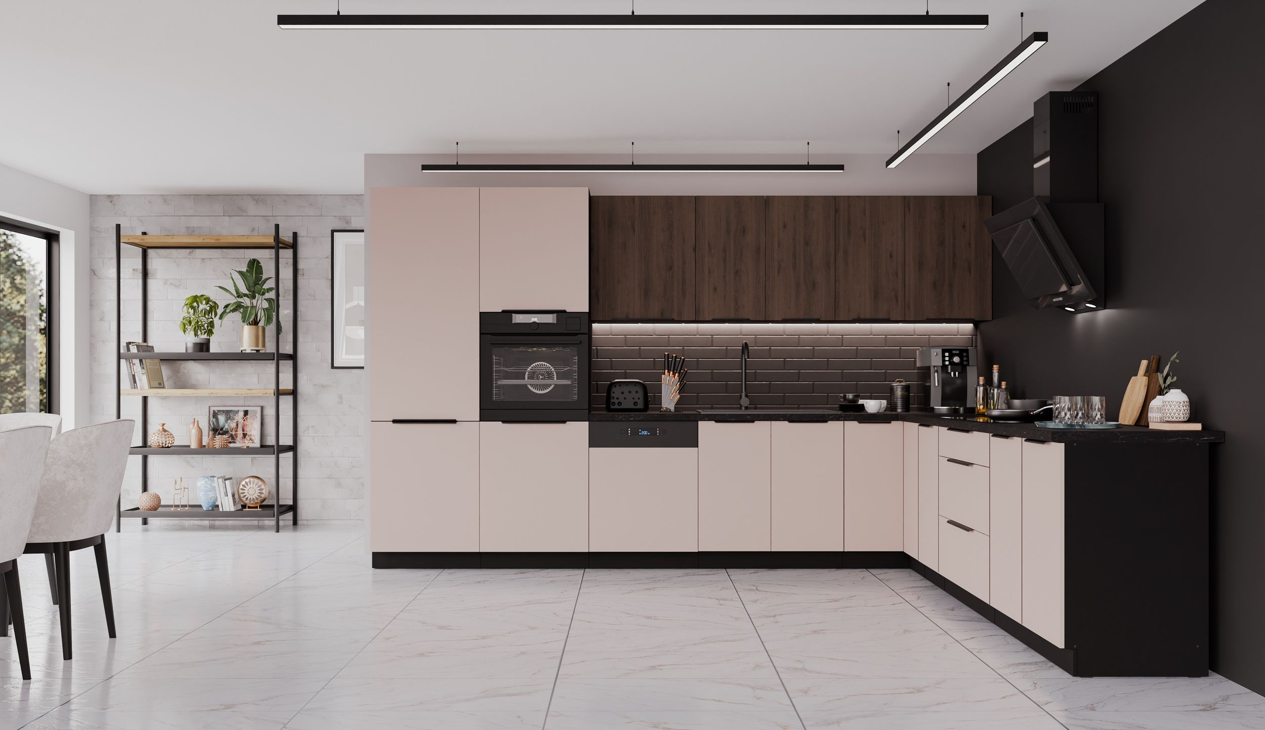 Winkelk&uuml;che ARONA + MONZA 350x290 cm K&uuml;chenzeile Eckk&uuml;che K&uuml;che Nu&szlig;baum Kaschmir 