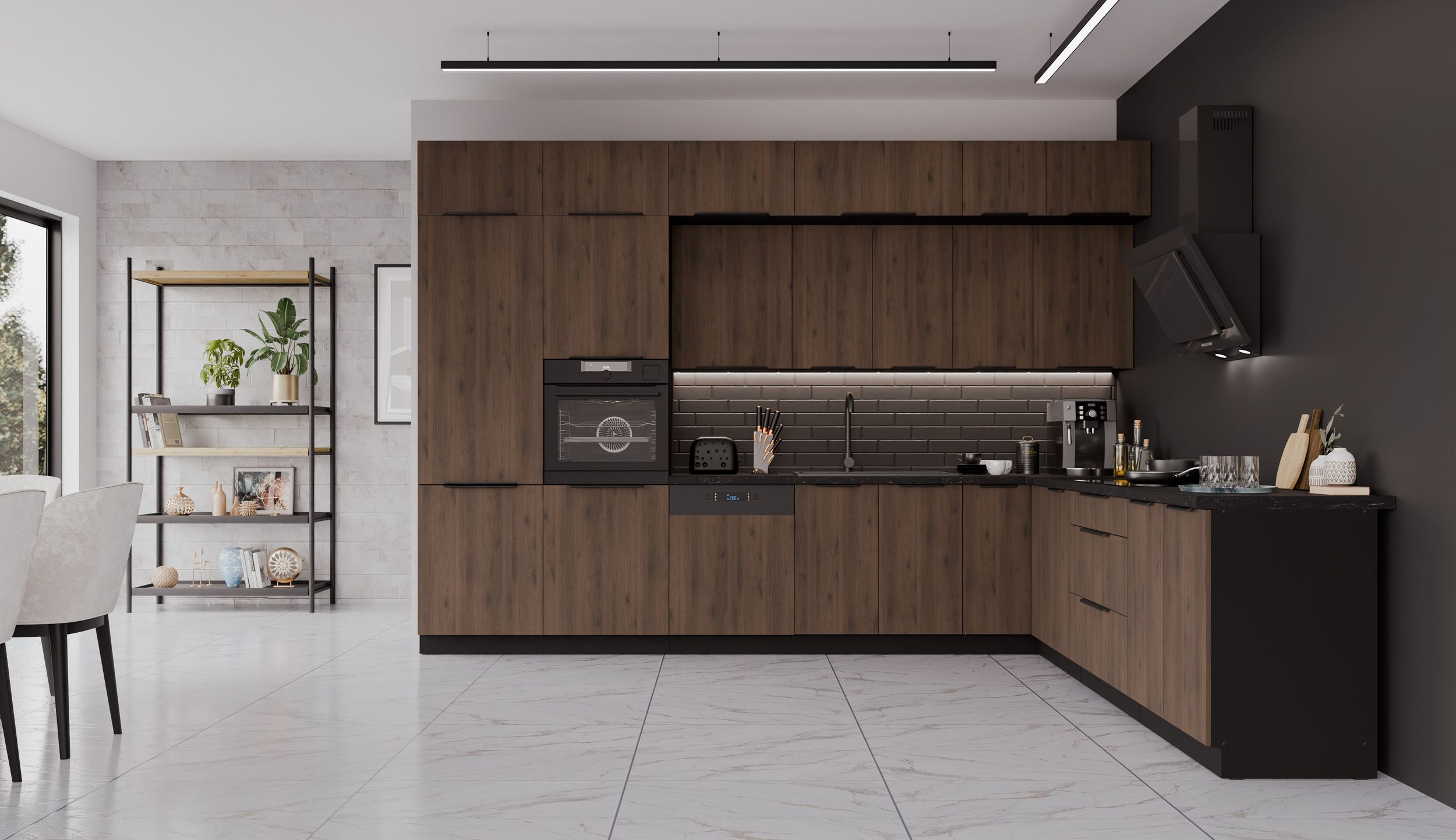 Winkelk&uuml;che MONZA 350x290 K&uuml;chenzeile Eckk&uuml;che K&uuml;che Nu&szlig;baum Okapi XL Stauraum 