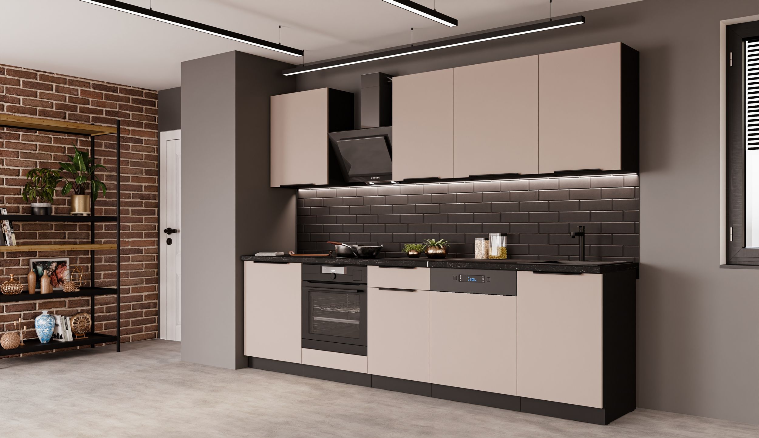 K&uuml;che ARONA BASIC 280 K&uuml;chenzeile K&uuml;chenblock Einbauk&uuml;che Kaschmir beige Schwarz 