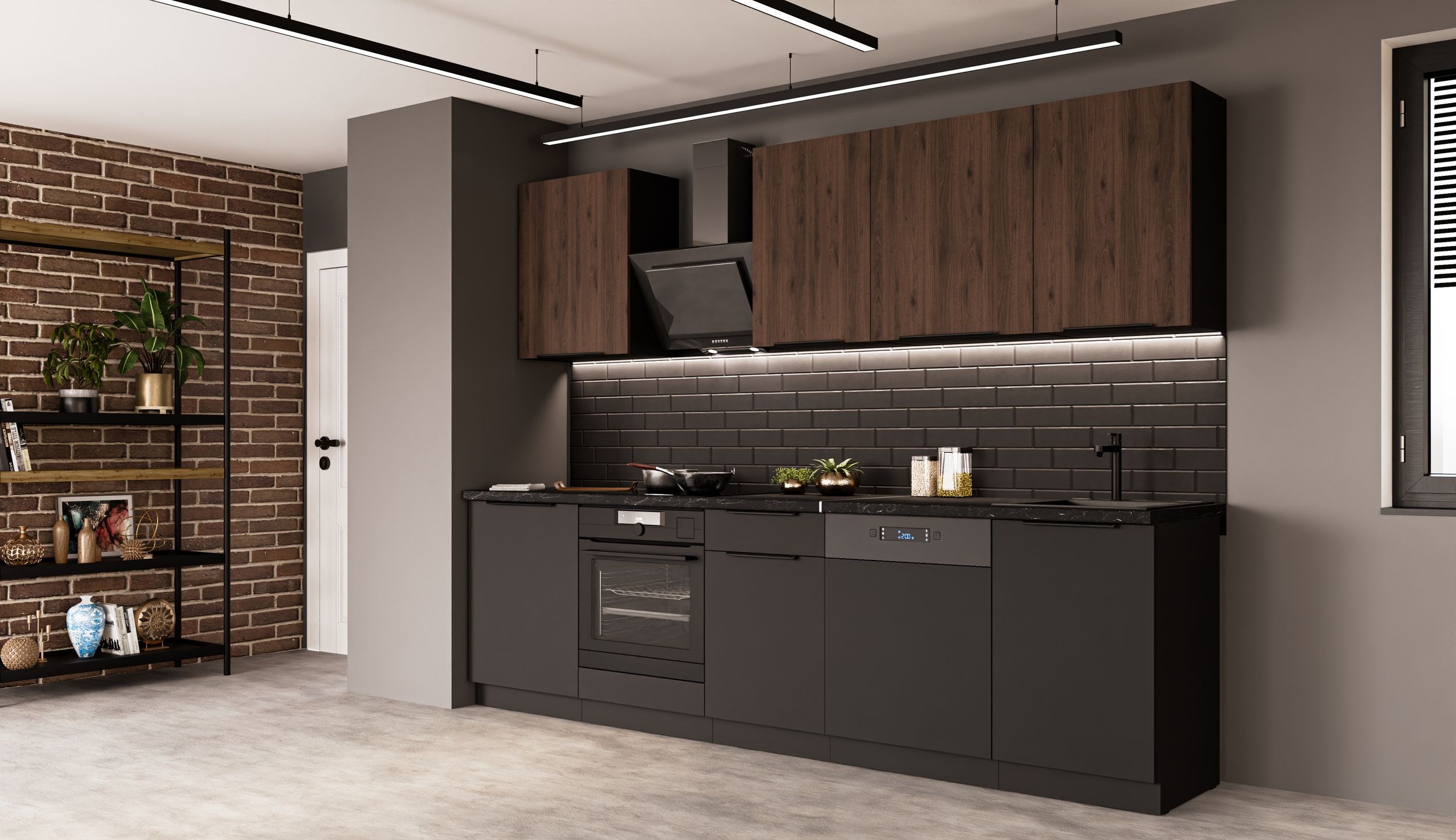 K&uuml;che SIENA + MONZA BASIC 280 cm K&uuml;chenzeile K&uuml;chenblock Einbauk&uuml;che Nussbaum 