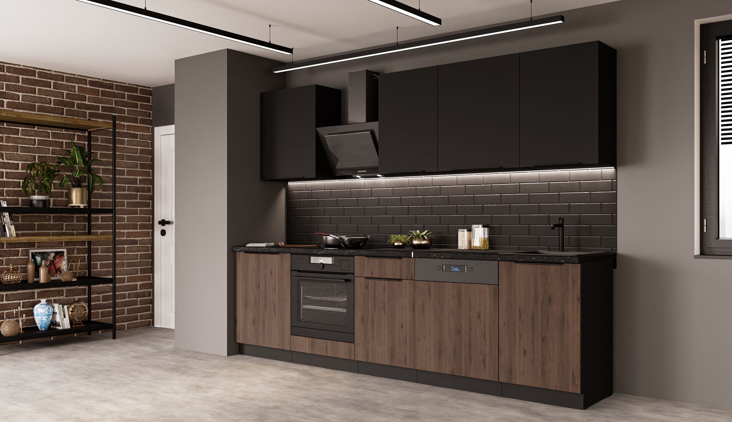 K&uuml;che MONZA SIENA BASIC 280 K&uuml;chenzeile K&uuml;chenblock Einbauk&uuml;che Nussbaum Schwarz 