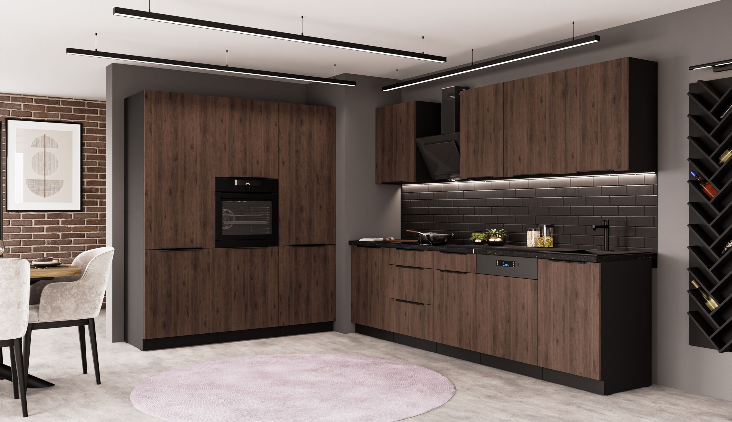 K&uuml;che MONZA 280 + 180 K&uuml;chenzeile K&uuml;chenblock Einbauk&uuml;che Nussbaum Okapi Schwarz 