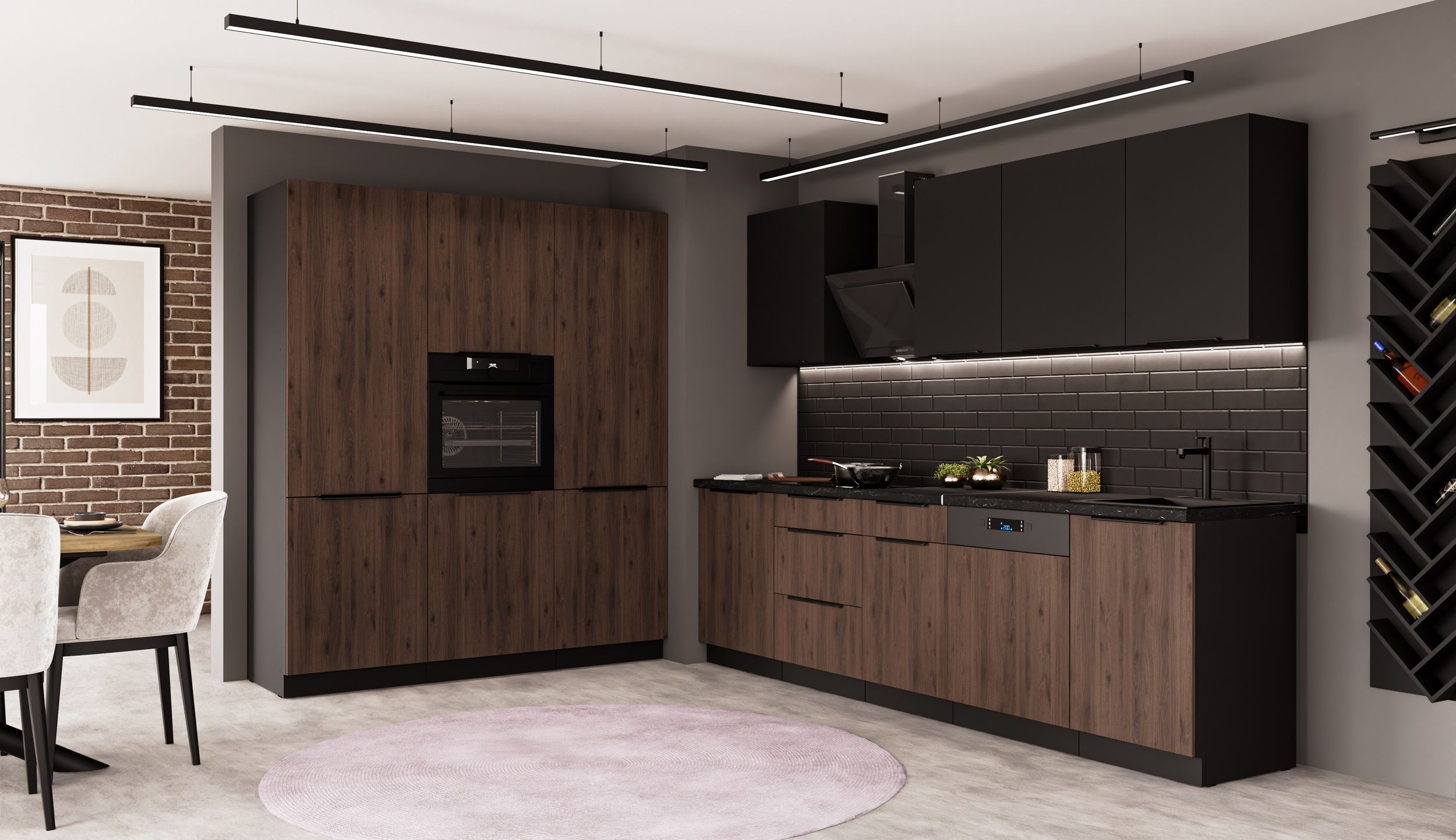 K&uuml;che MONZA SIENA 280 + 180 K&uuml;chenzeile K&uuml;chenblock Einbauk&uuml;che Nussbaum Schwarz 