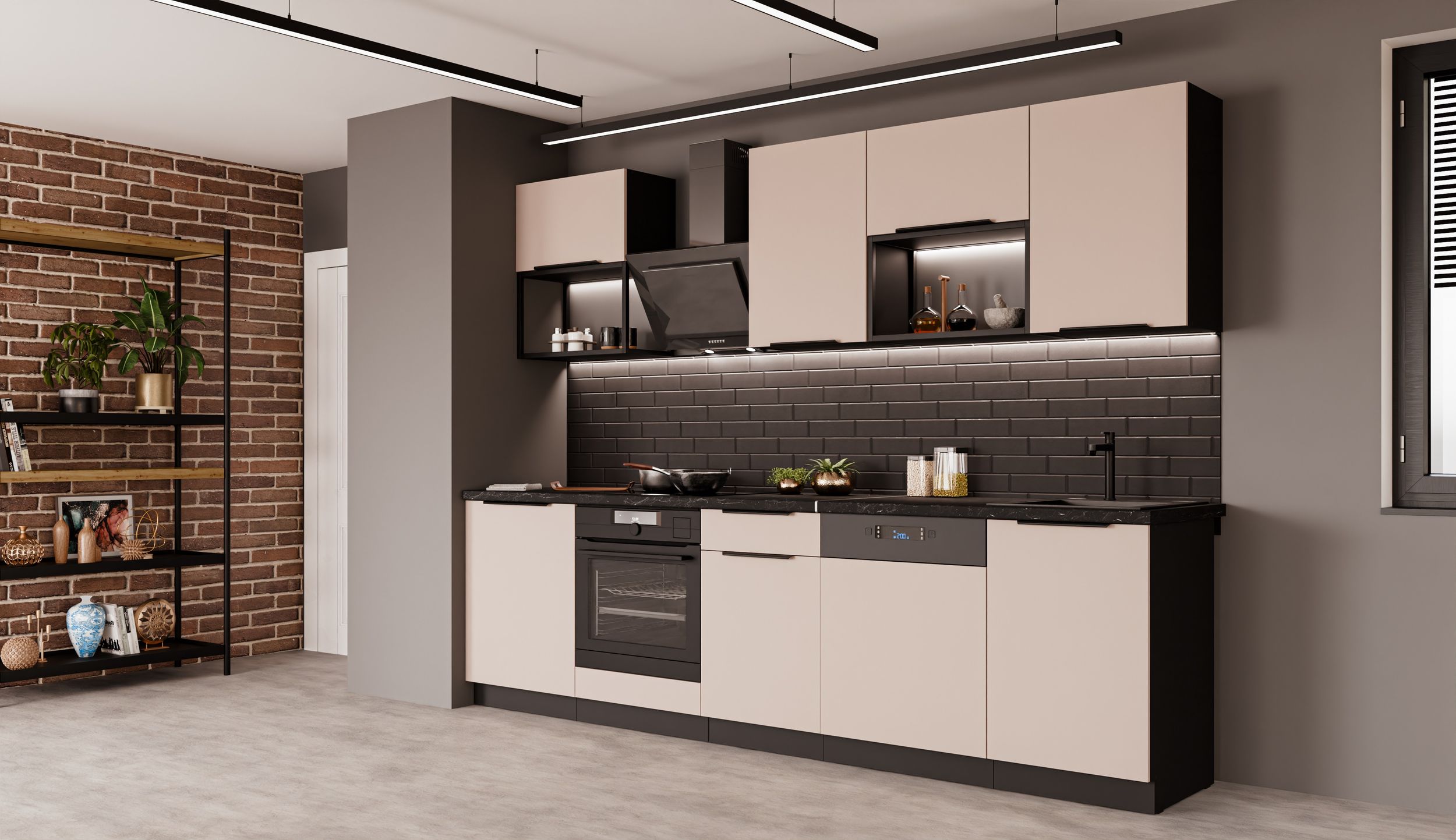 K&uuml;che ARONA BASIC LOFT 280 K&uuml;chenzeile K&uuml;chenblock Einbauk&uuml;che Kaschmir Schwarz 