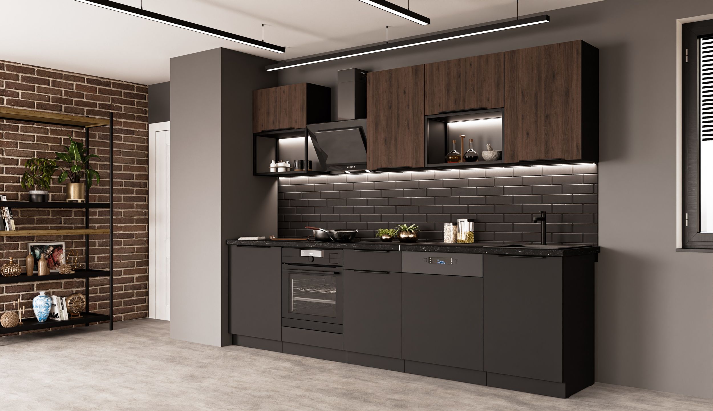 K&uuml;che SIENA + MONZA BASIC LOFT 280 K&uuml;chenzeile K&uuml;chenblock Einbauk&uuml;che Nussbaum 