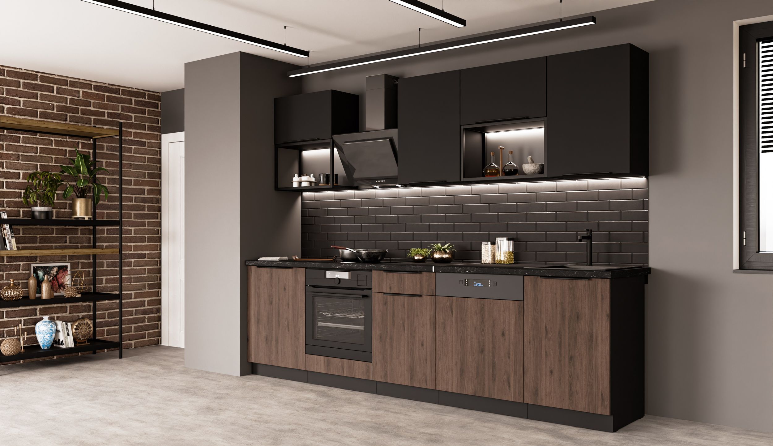 K&uuml;che MONZA + SIENA BASIC LOFT 280 K&uuml;chenzeile K&uuml;chenblock Nussbaum Schwarz matt 