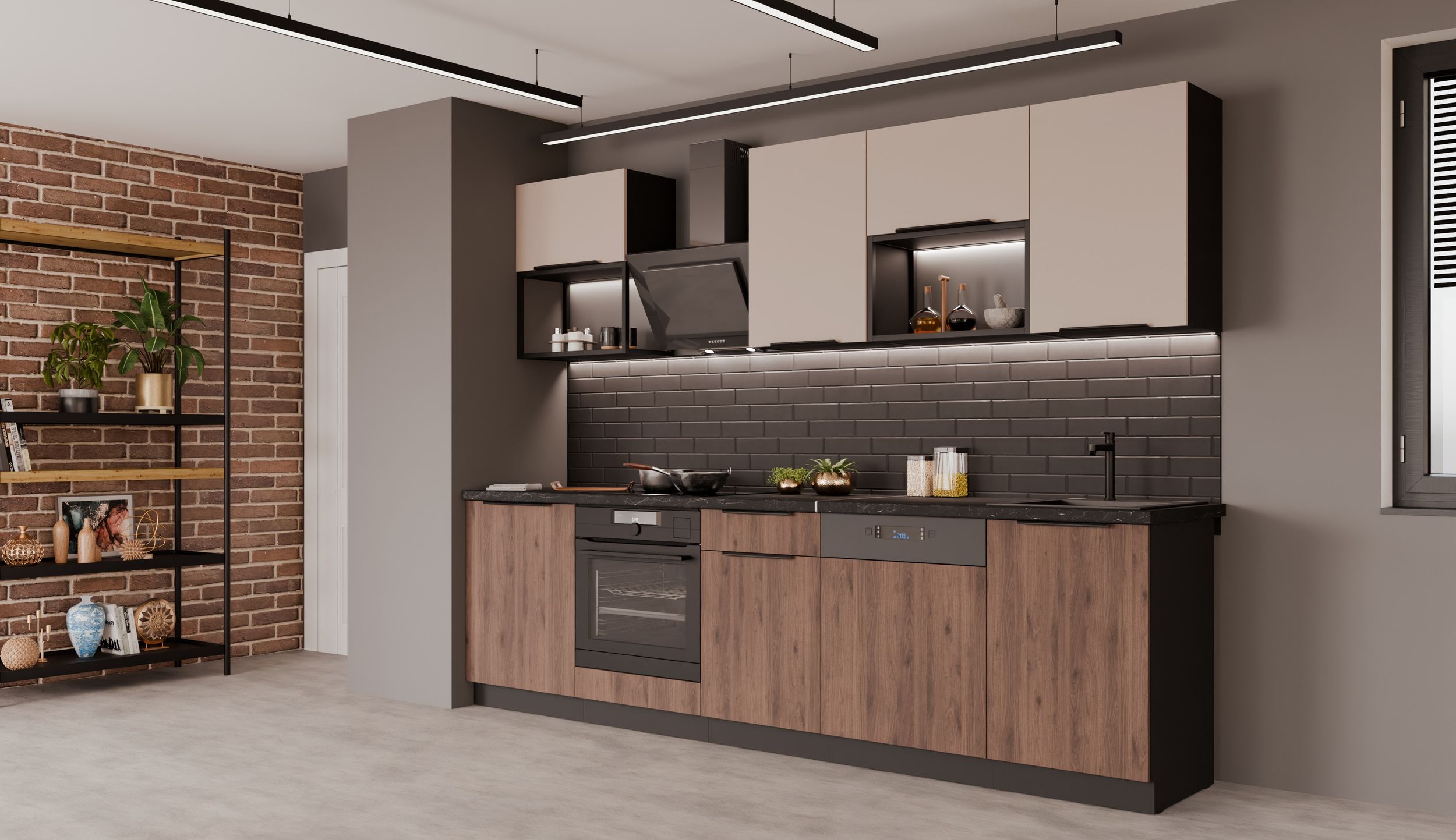 K&uuml;che MONZA + ARONA BASIC LOFT 280 K&uuml;chenzeile K&uuml;chenblock Nu&szlig;baum Kaschmir matt 