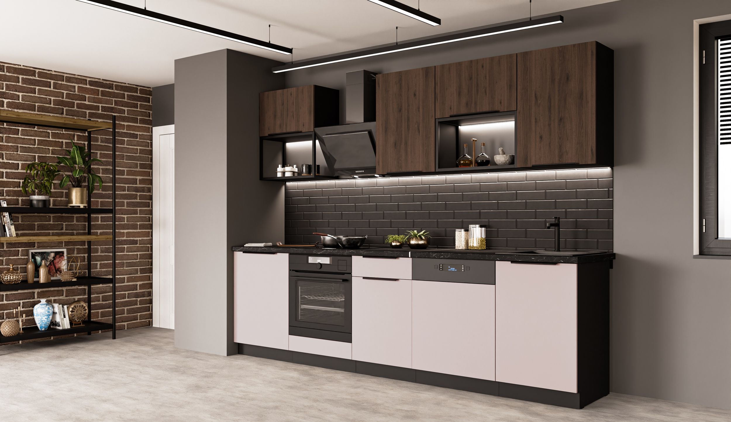 K&uuml;che ARONA + MONZA BASIC LOFT 280 cm K&uuml;chenzeile K&uuml;chenblock Nu&szlig;baum Kaschmir 