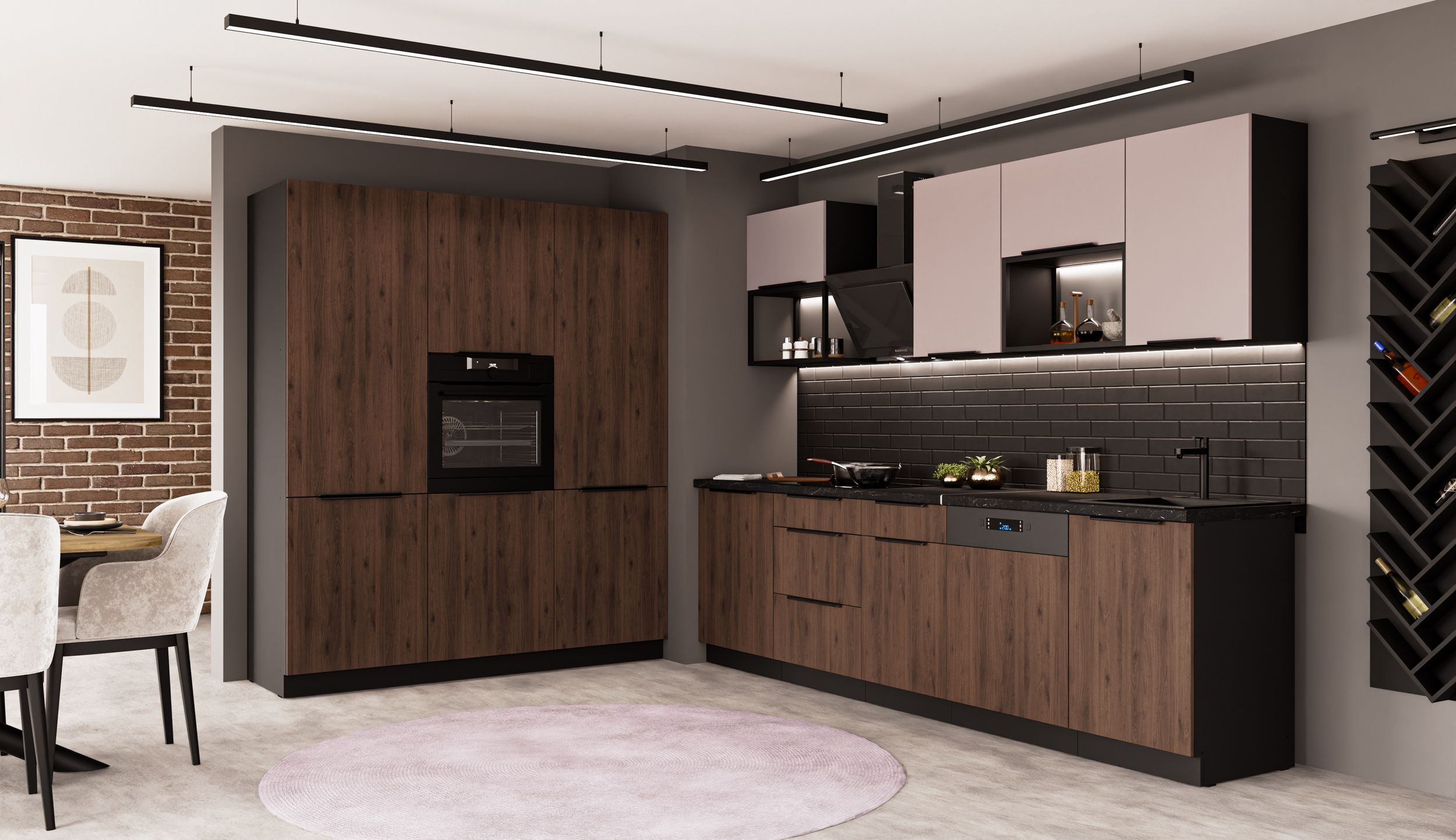 K&uuml;che MONZA ARONA LOFT 280 + 180 K&uuml;chenzeile K&uuml;chenblock Nussbaum Okapi Kaschmir 