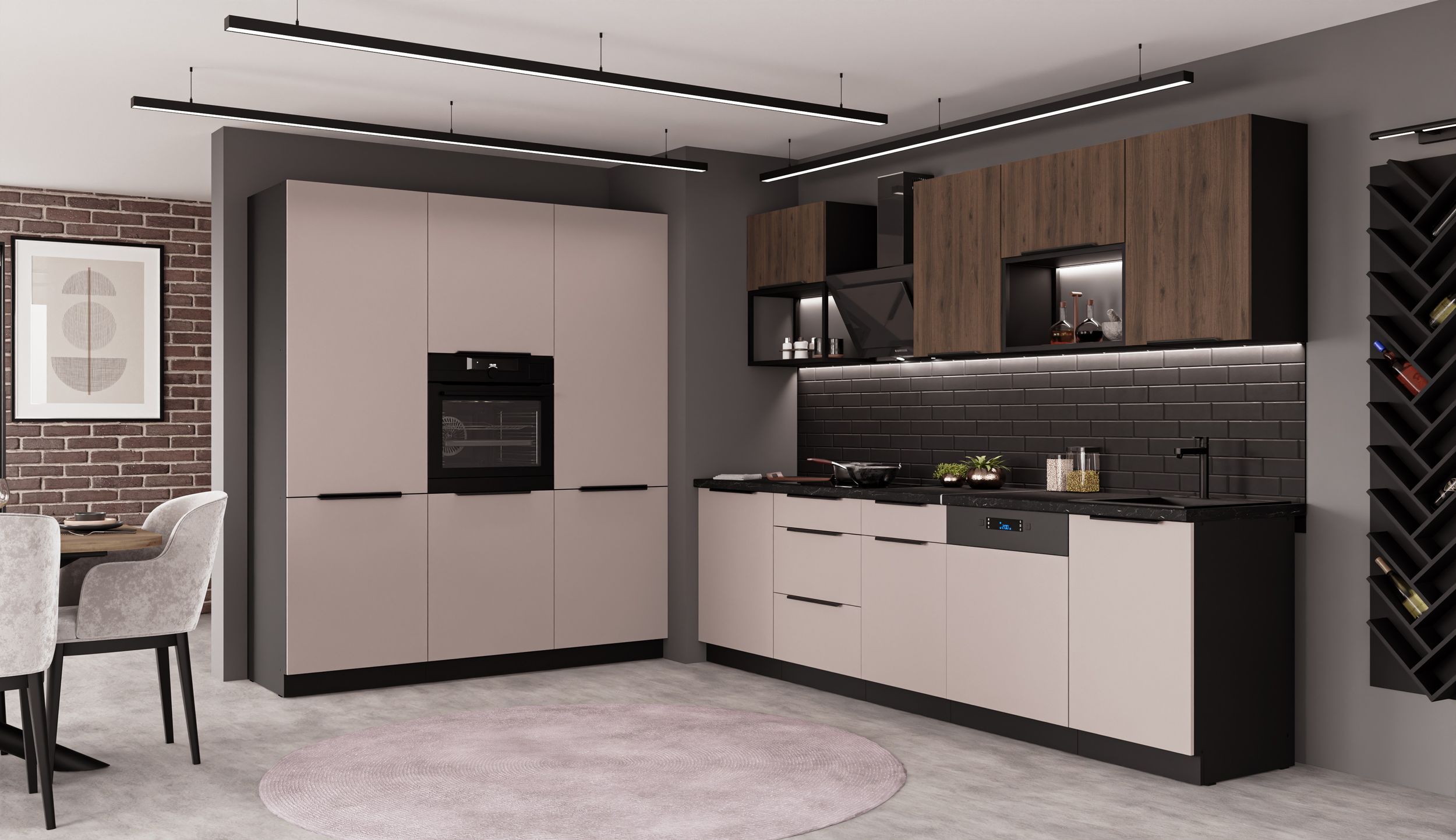 K&uuml;che ARONA + MONZA LOFT 280 + 180 cm K&uuml;chenzeile K&uuml;chenblock Nu&szlig;baum Kaschmir 