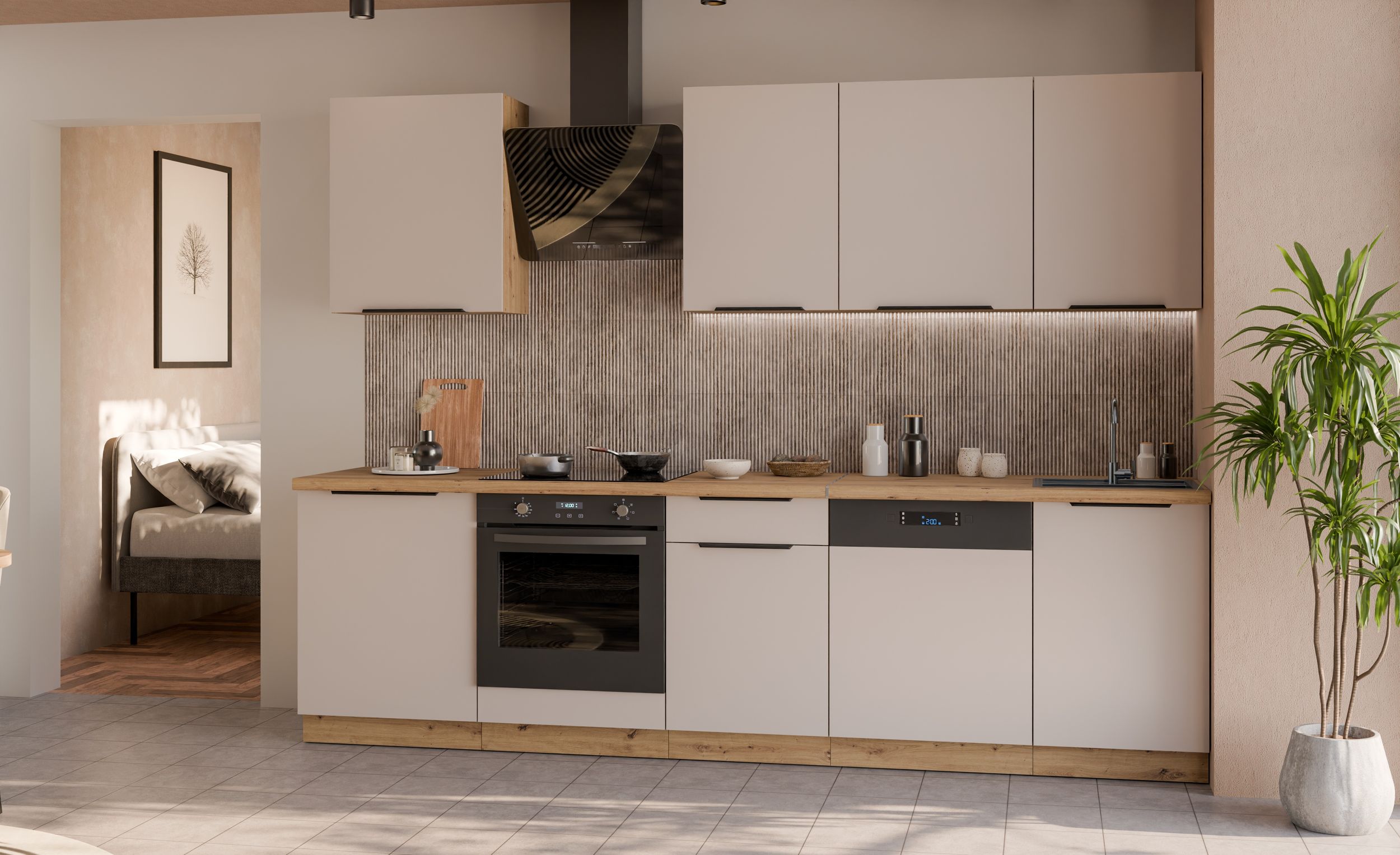 K&uuml;che SOLANO BASIC 280 K&uuml;chenzeile K&uuml;chenblock Einbauk&uuml;che Kaschmir + Artisan 