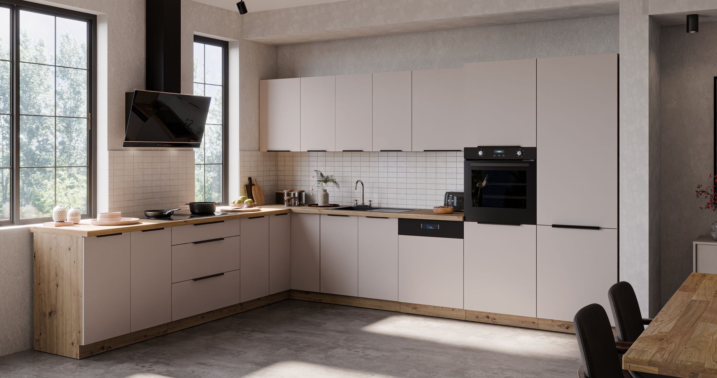 Winkelk&uuml;che SOLANO 290x350 cm K&uuml;chenzeile Eckk&uuml;che K&uuml;che Kaschmir Eiche Artisan 