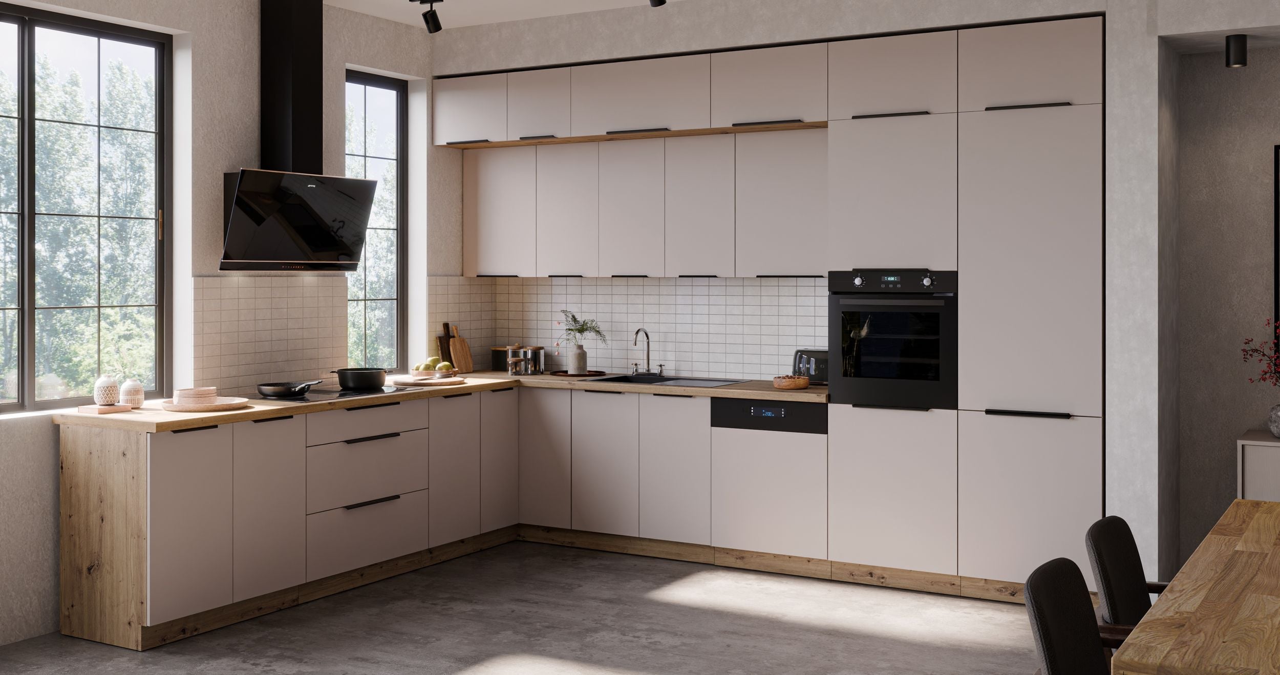 Winkelk&uuml;che SOLANO 290x350 K&uuml;chenzeile Eckk&uuml;che K&uuml;che Kaschmir Schwarz + Artisan 