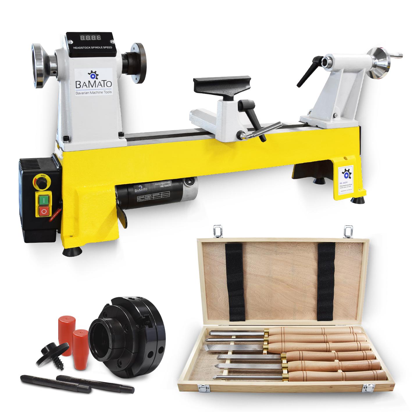 BAMATO Drechselmaschine WL-460V mit 6-tlg. HSS Drechselsatz und 4-Backenfutter 