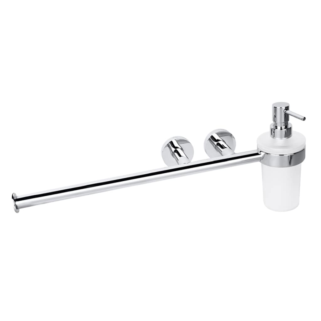 Brillantbad BOMEGA K&uuml;chenrollenhalter mit Seifenspender Messing Chrom poliert 455x180x115 mm, 230 ml f&uuml;r Bad & K&uuml;che >> zum Bohren oder Kleben* 