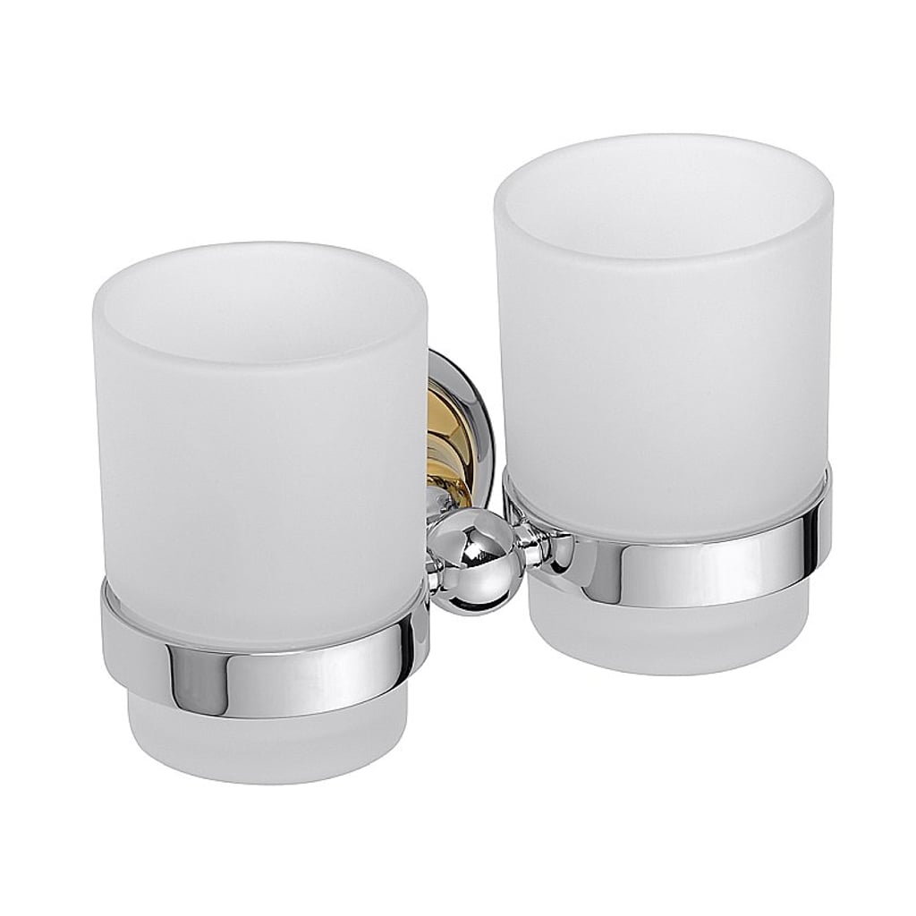 Brillantbad BETRO GOLD Doppelzahnb&uuml;rstenhalter mit Glas Messing Gold Chrom Glas 175x95x90 mm f&uuml;r Bad & K&uuml;che >> zum Bohren 